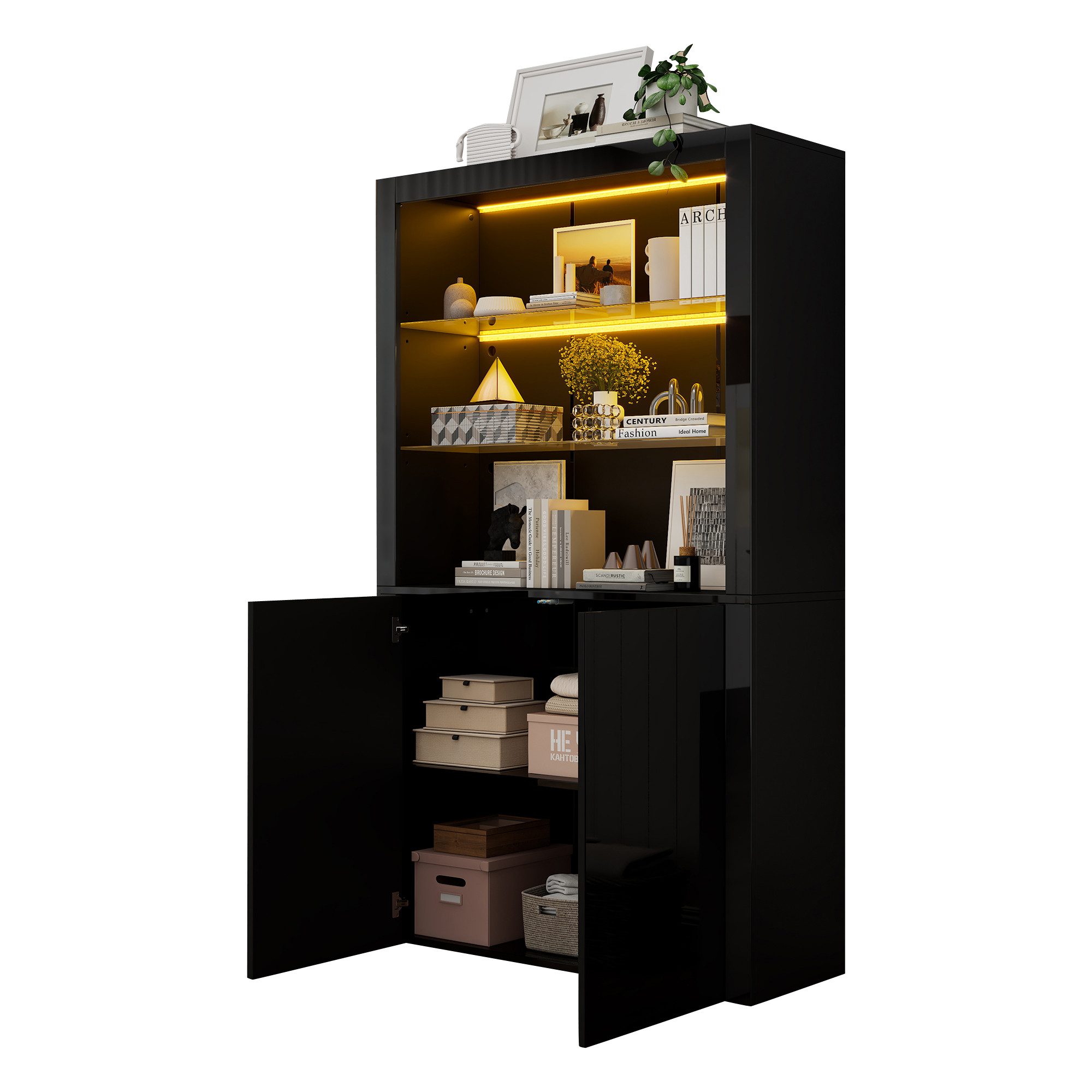 Merax Standvitrine hochglanz Hochschrank mit LED-Beleuchtung (100 x 35 x 170 cm, 1-St) Vitrinen Aufbewahrungsschrank mit gehärtetem Glas & Stauraum