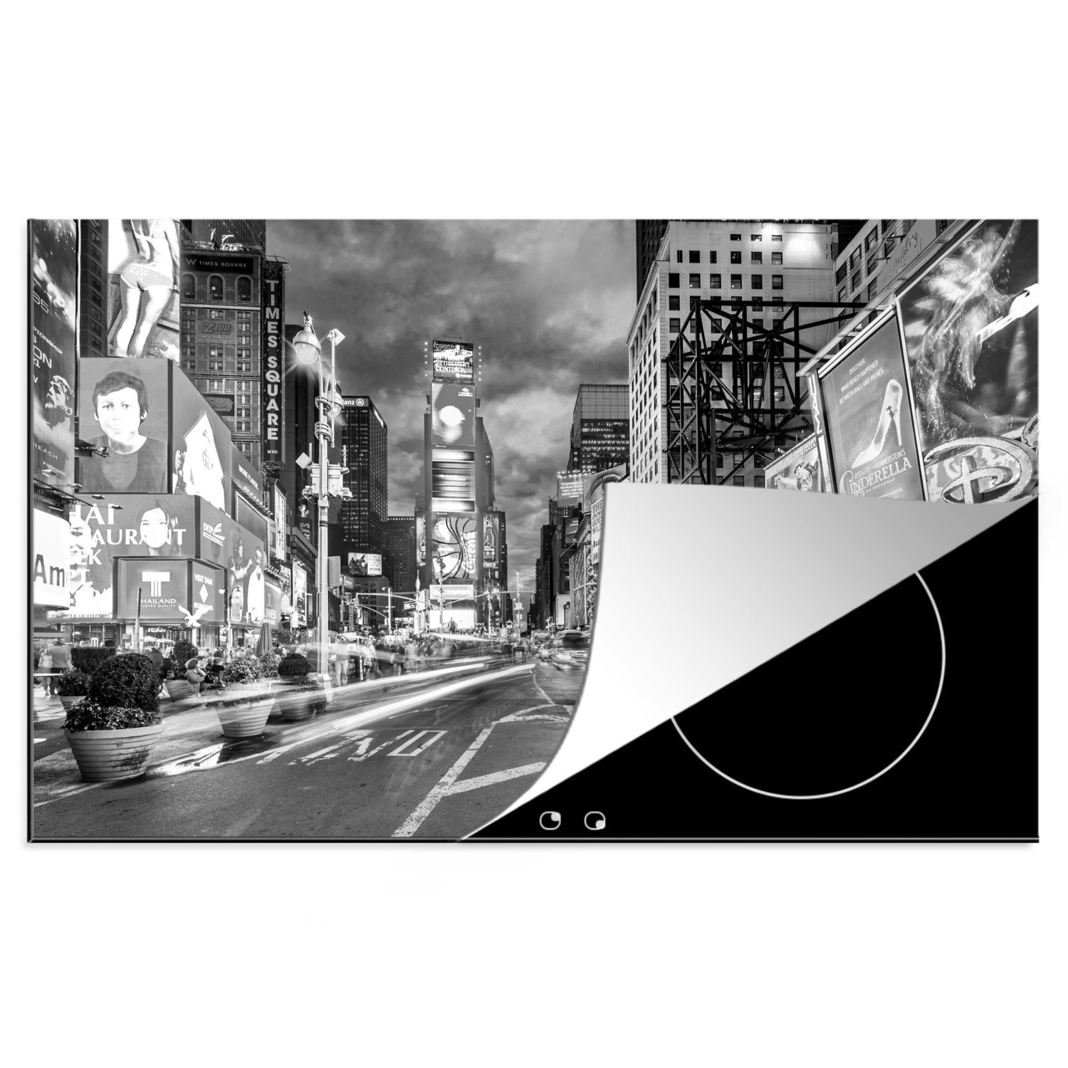 MuchoWow Herdblende-/Abdeckplatte New York - Auto - Schwarz - Weiß, Vinyl, (1 tlg), 81x52 cm, Induktionskochfeld Schutz für die küche, Ceranfeldabdeckung