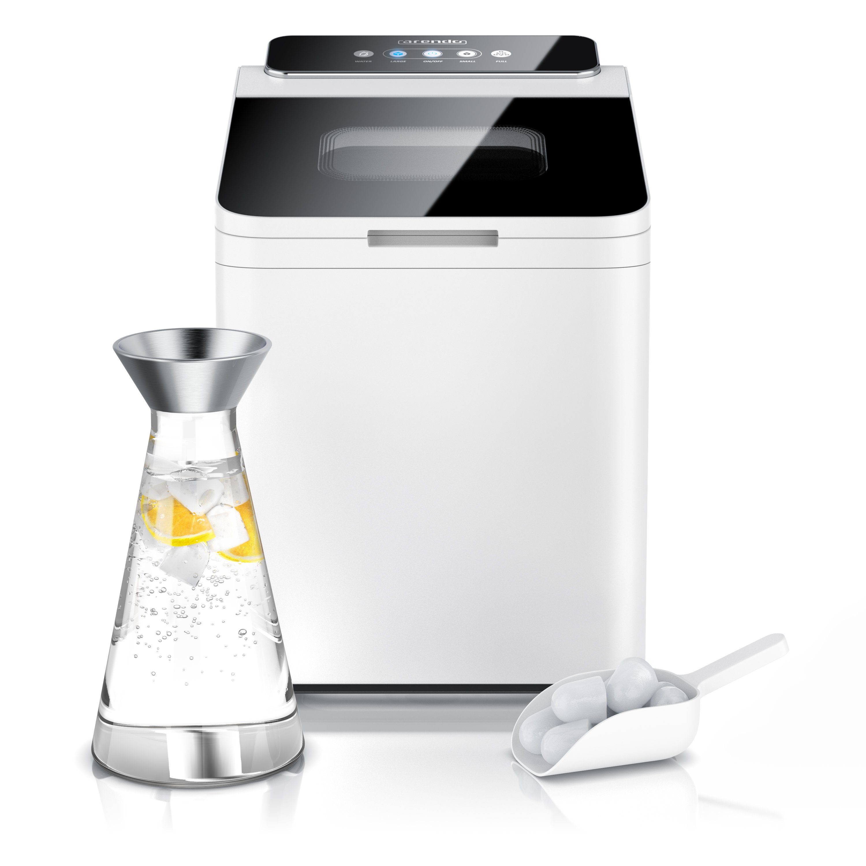 Arendo Eiswürfelmaschine Eiswürfelbehälter 1,4L, 9 Eiswürfel in 9 Minuten, Eiswürfelschaufel, Edelstahl, 2 Größen, Sichtfenster, Eiswürfelschaufel, BPA-frei, 105 W