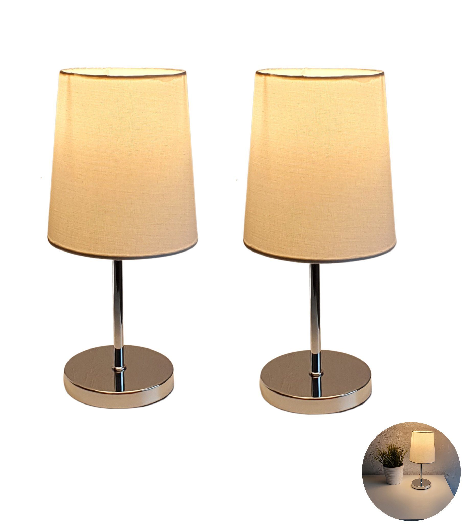 Lichthandel Hoch LED Tischleuchte Set LED Nachttischlampe Tischleuchte modern Stoffschirm incl. 3W LED, LED wechselbar, warmweiß, inklusive LED, nicht dimmbar, Doppelset weiß konisch
