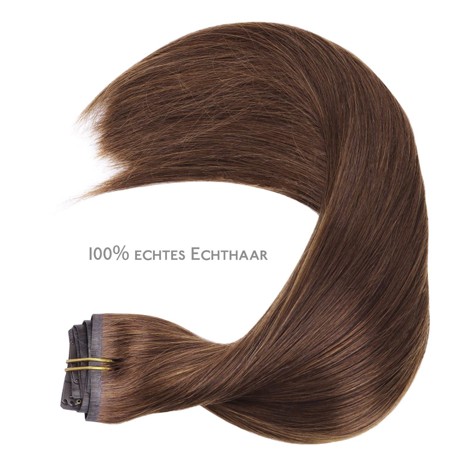 130 Nahtlose 7 Clip-in-Haarverlängerungen, g, Echthaar-Extension Stück, schokoladenbraune Wennalife