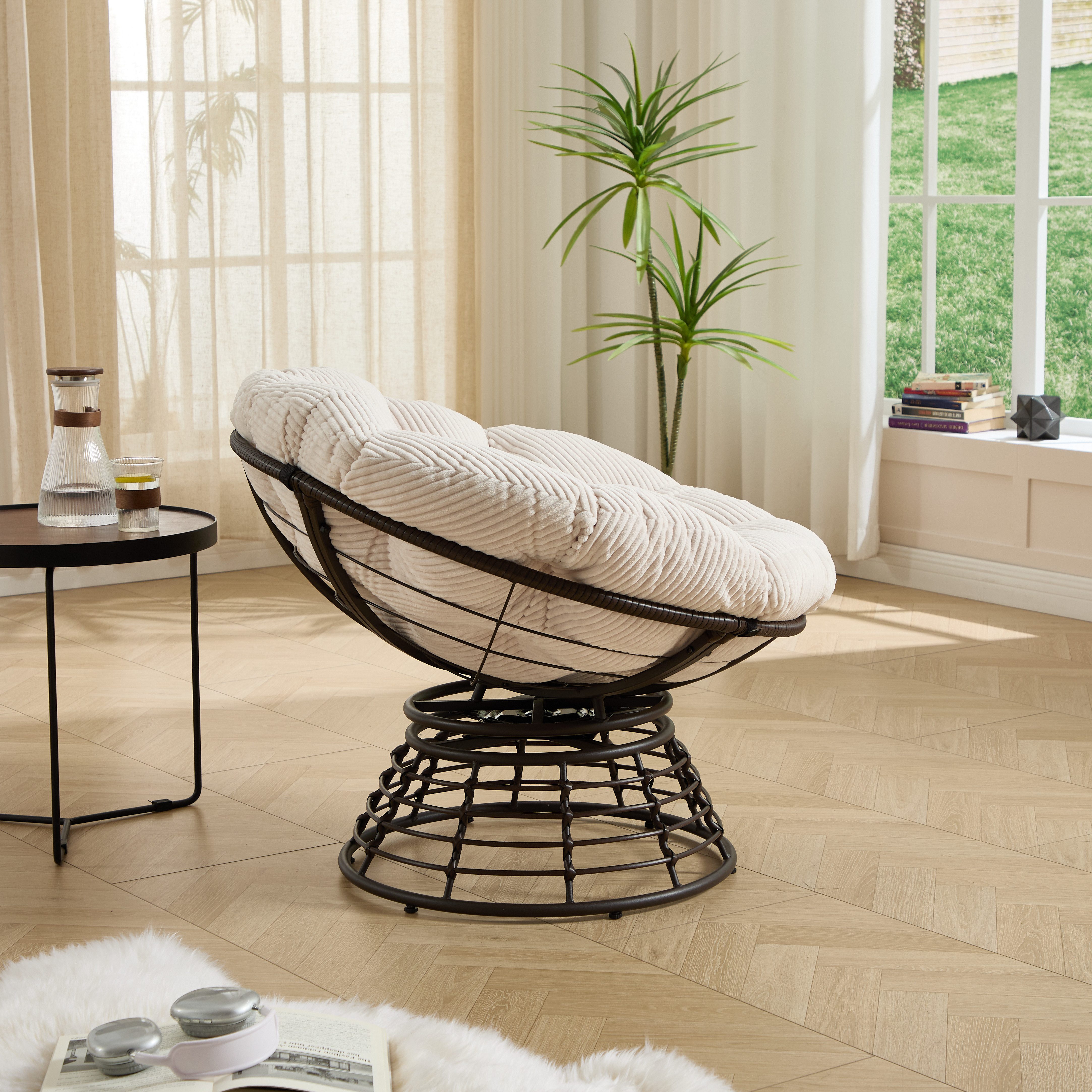 CHICFURN Loungesessel Papasan-Sessel in Rattan-Optik, 360° drehbar mit Polster (Packung, 1-St., Für Wohn-, Schlaf- und Lesezimmer sowie Innen- & Außenbereich), Braunes Gestell mit weißem Polster