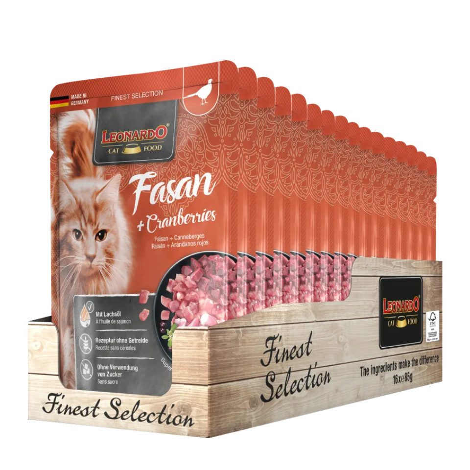 Leonardo Catfood Fasan & Cranberries - getreidefreies Nassfutter mit feinstem Fasan 16x85g, Nassfutter für: Katzen