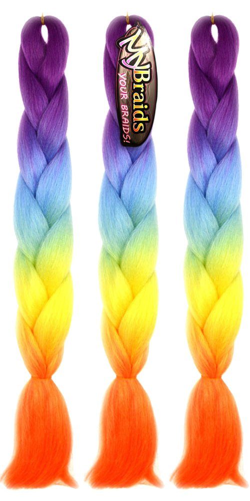 MyBraids YOUR BRAIDS! Kunsthaar-Extension Jumbo Braids Flechthaar Zöpfe 4-farbig im 3er Pack 4-DY Purpur-Silberblau-Helles Gelb-Dunkles Orange