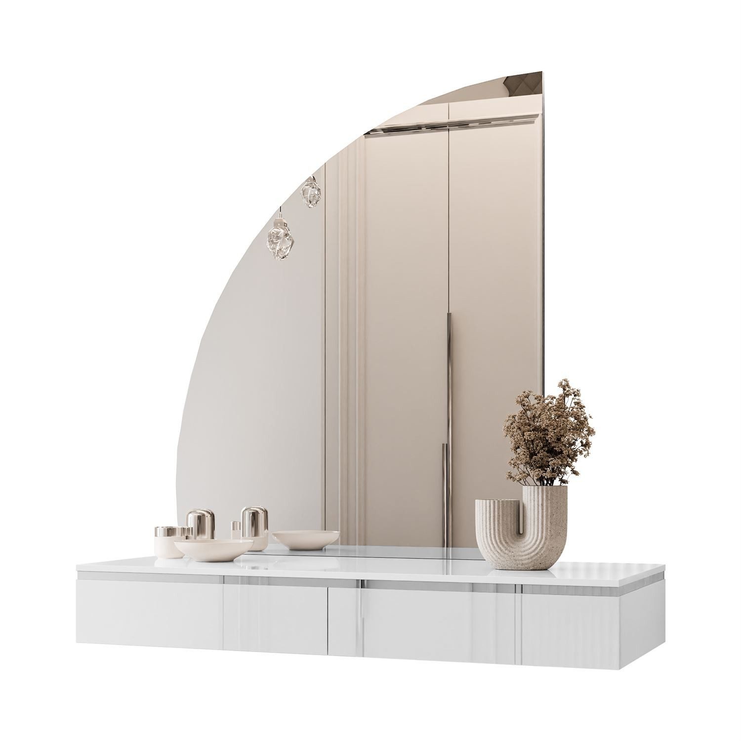 ALLHOUSE24 Schminktisch PEONY SILBER Hängender Schminktisch Halbmond Spiegel und Beleuchtung (1x Konsole und 1x Spiegl), Breite 102 cm