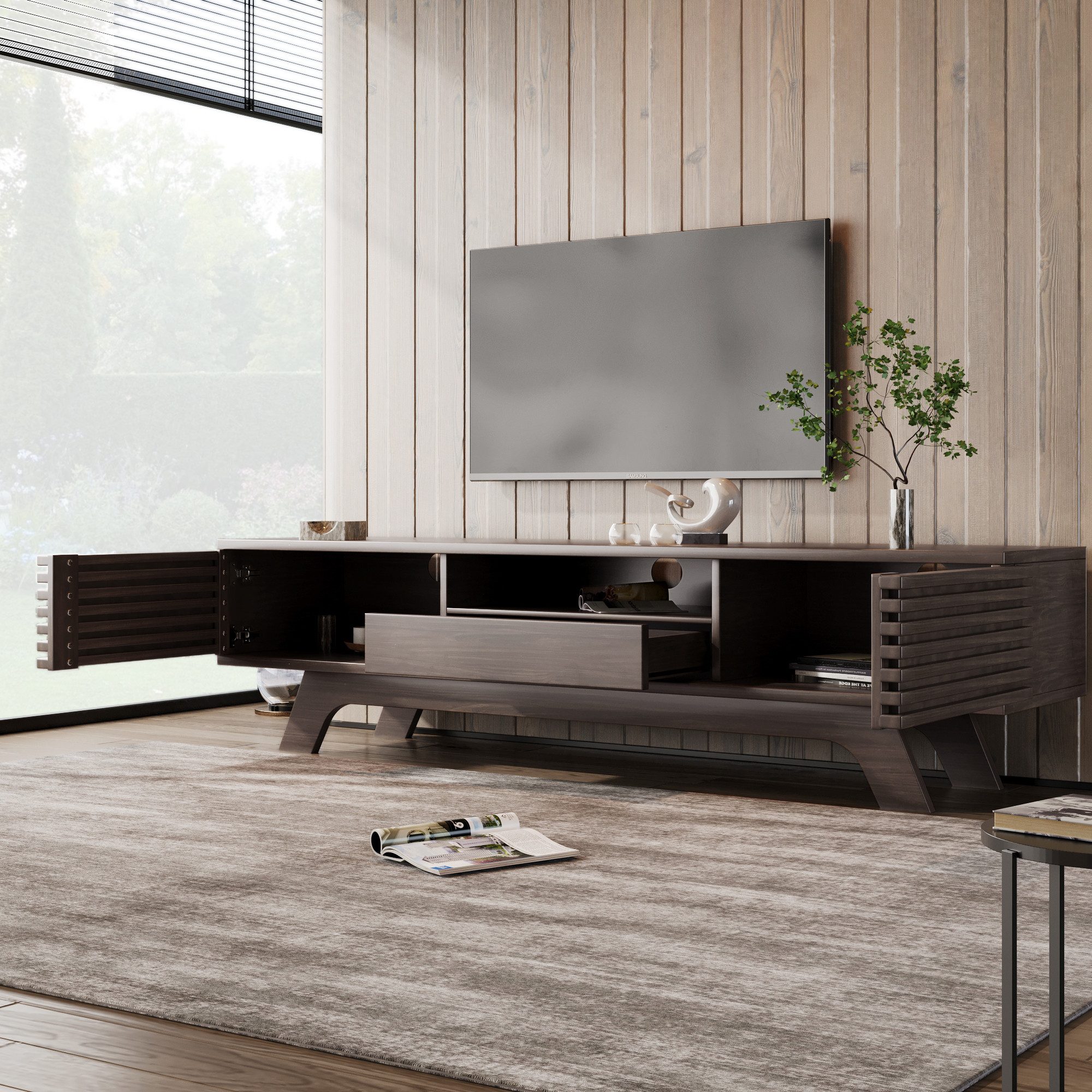 Merax Lowboard mit verstellbaren Einlegeböden, TV-Schrank, Fernsehtsich, TV-Schrank mit offene Ablage und Holzbeine,B/H/T: 150/44/35cm