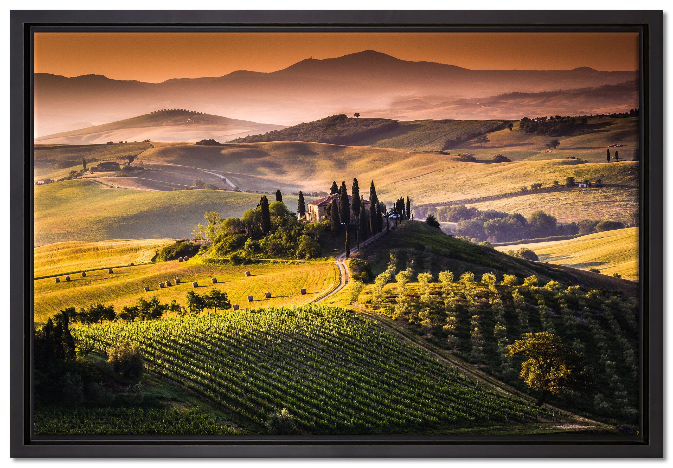 Pixxprint Leinwandbild Wunderschöne Toskana Landschaft, Wanddekoration (1 St), Leinwandbild fertig bespannt, in einem Schattenfugen-Bilderrahmen gefasst, inkl. Zackenaufhänger