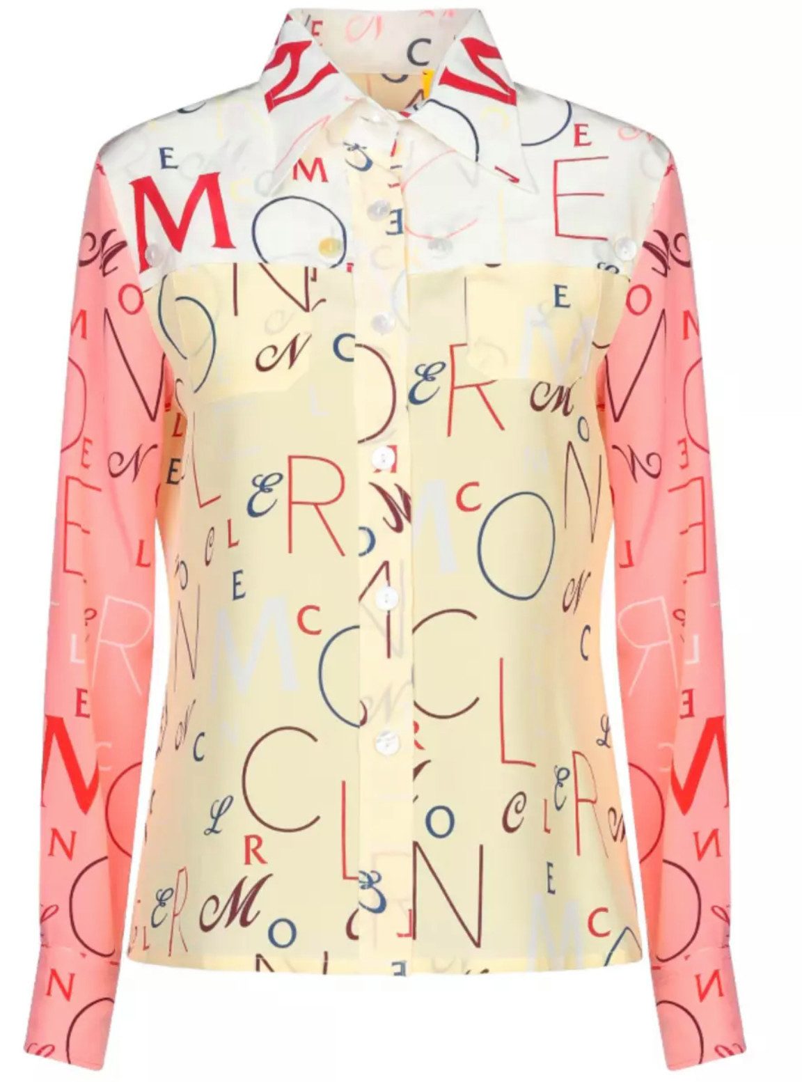 MONCLER Seidenbluse Genius 1952 Lettering Logo Printed Doppelte Brusttaschen, Spitzkragen und Ton-in-Ton-Nähte