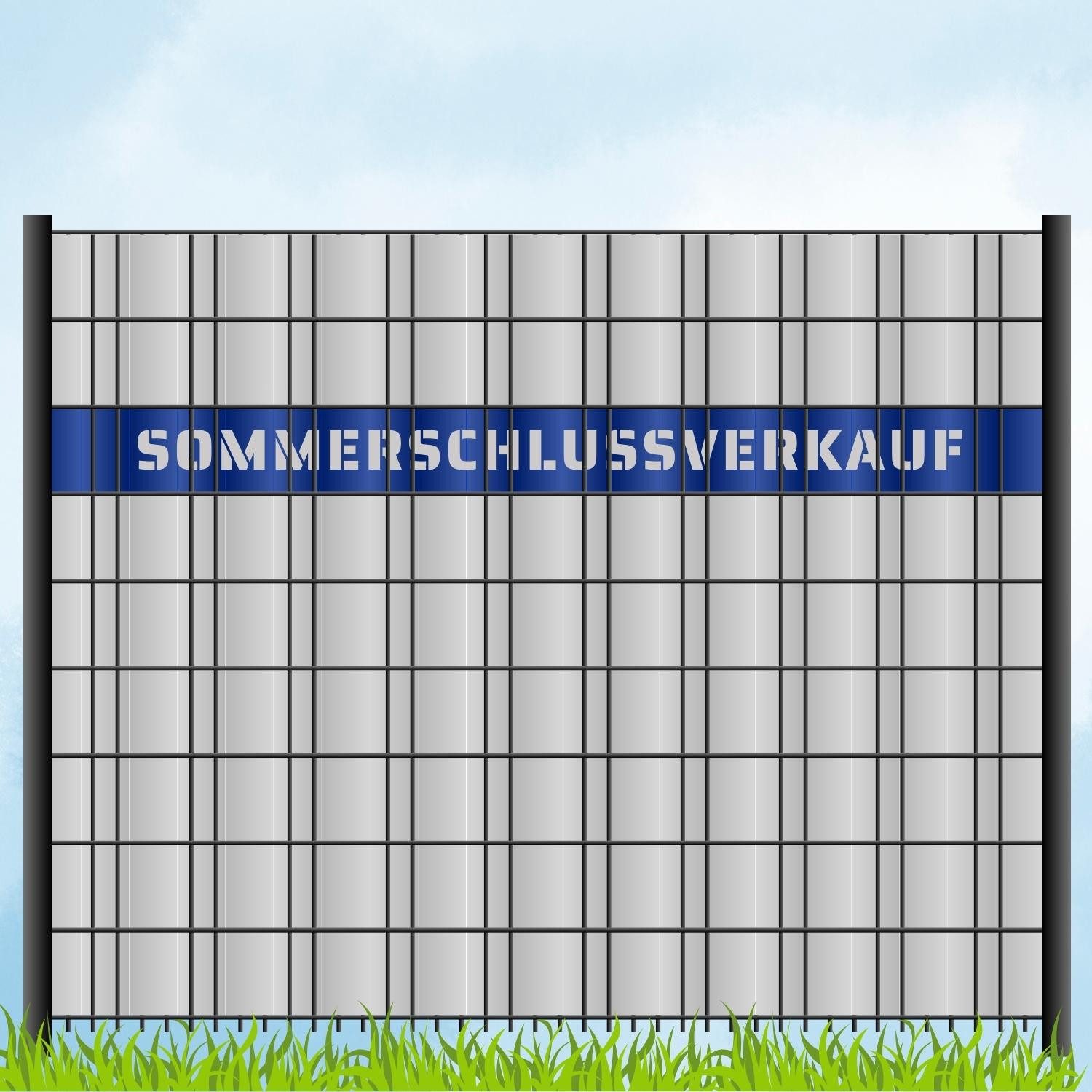zaunzu Sichtschutzstreifen Laser Beschriftung "SOMMERSCHLUSSVERKAUF" Enzianblau, (1x Einzelstreifen, für Doppelstabmattenzaun), Made in Germany