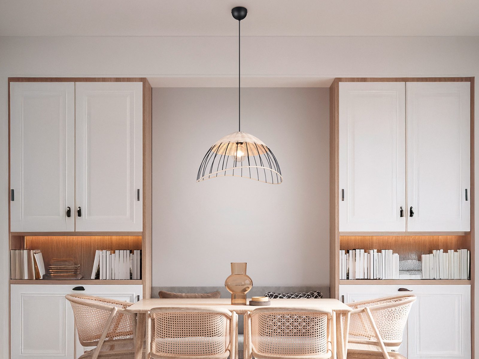 Reality Leuchten LED Pendelleuchte, Dimmfunktion, LED wechselbar, über Lichtschalter in 3 Stufen dimmbar, warmweiß, Groß-e Rattan-lampe Lampenschirm geflochten hängend Esstisch, Ø 48cm