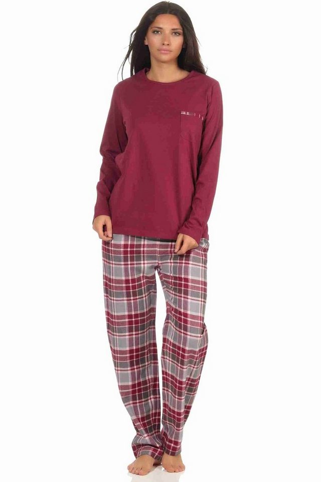 Normann Pyjama Damen Flanell Schlafanzug, Top Single Jersey, Hose Flanell