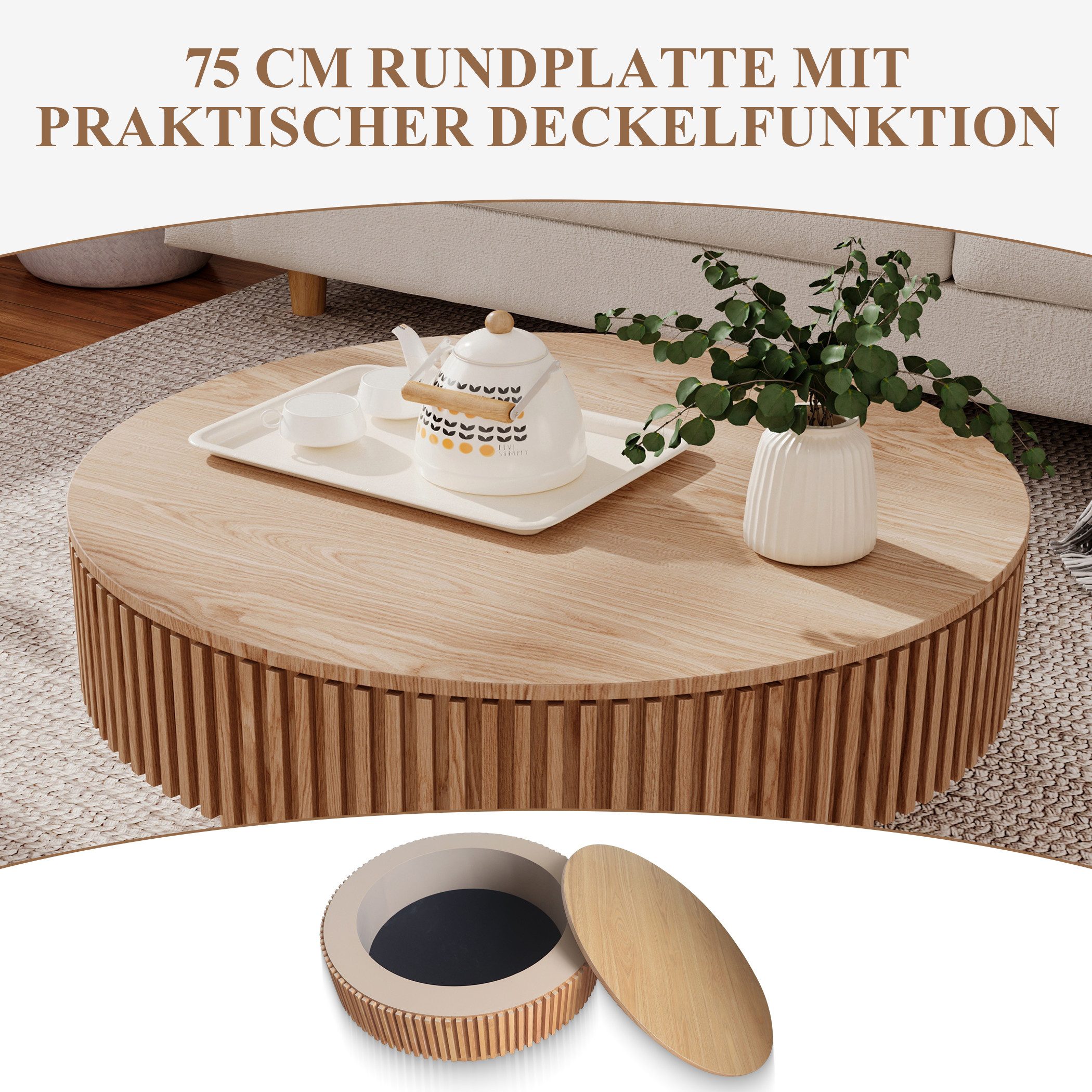 SeedWave Couchtisch mit Stauraum Sofatisch in Pilzform mit 75cm Runder Tischplatte, Wohnzimmertisch mit Massivholzfurnier – Bild 3 von 5