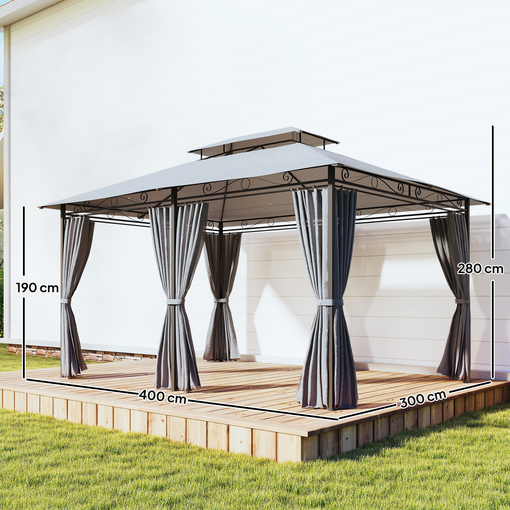 Outsunny Pavillon mit Doppeldach, 6 Seitenteile, Abflusslöcher, mit 6 Seitenteilen, (Gartenpavillon, Garten Pavillon), für Garten, Terrasse, Dunkelgrau
