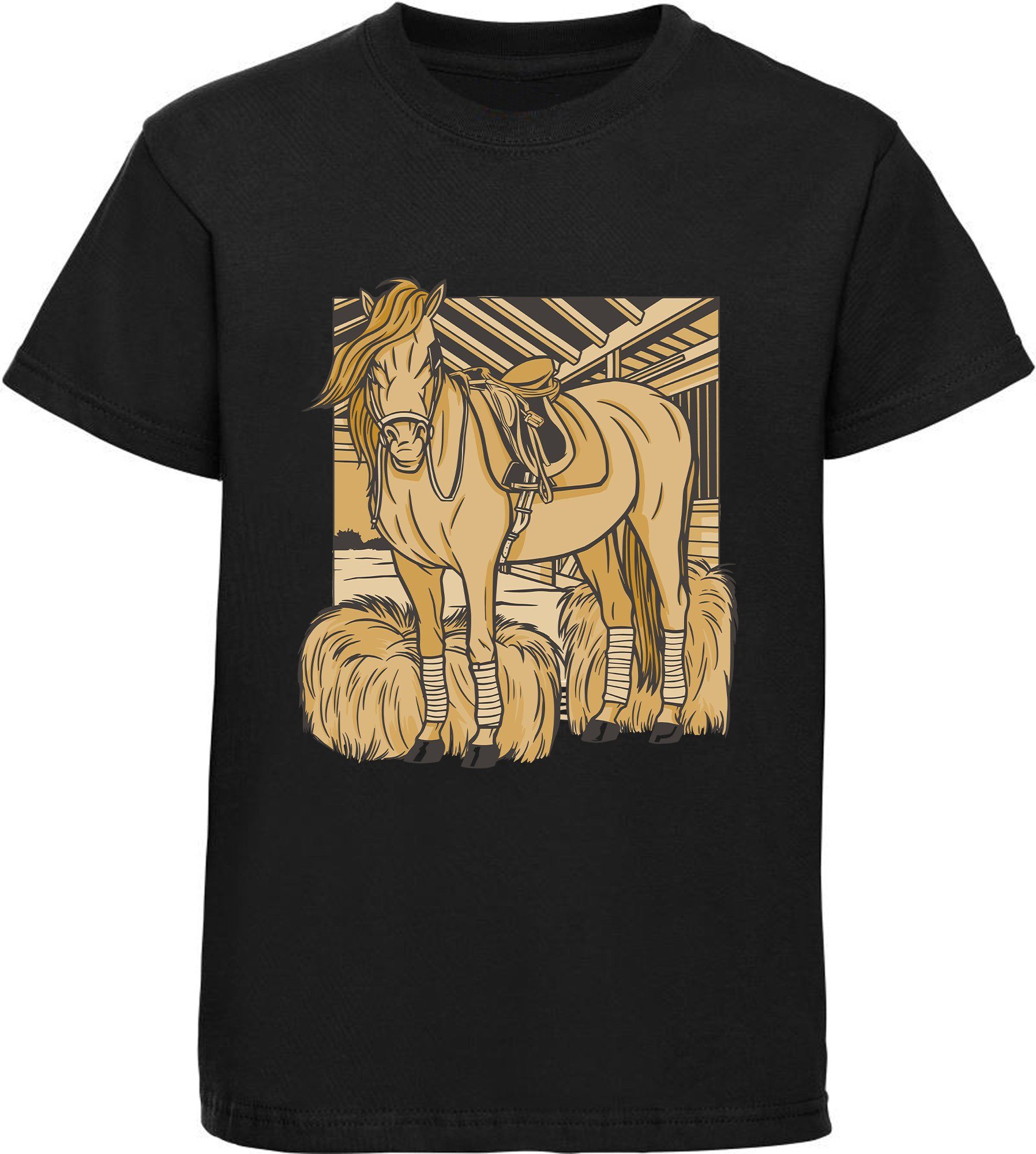 MyDesign24 Print-Shirt bedrucktes Mädchen T-Shirt ein Pferd im Stall Baumwollshirt mit Aufdruck, i147 schwarz