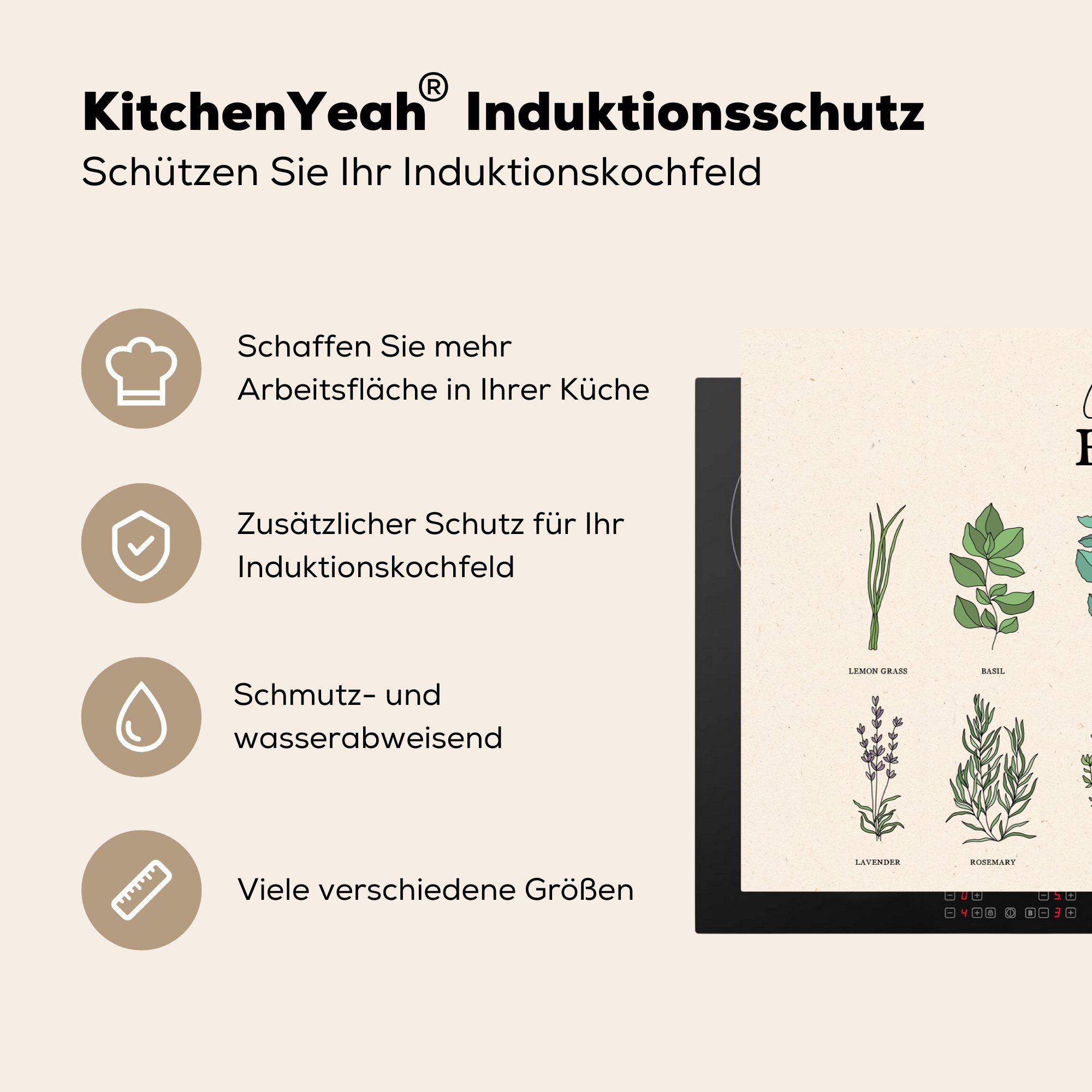 MuchoWow Herdblende-/Abdeckplatte Pflanzen Schutz die Vinyl, - tlg), Induktionskochfeld küche, - (1 Lebensmittel, cm, Ceranfeldabdeckung 81x52 Kräuter für