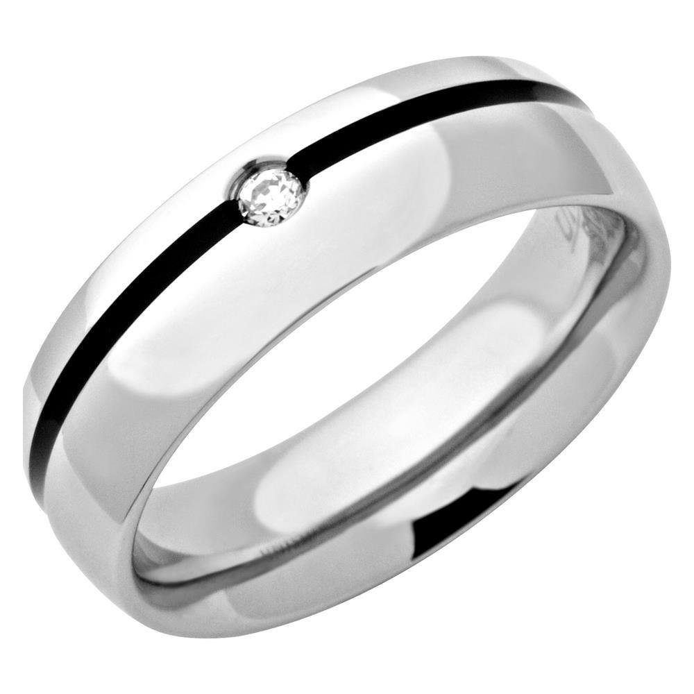 Unique Fingerring Edelstahlring glänzend Silber, Inlay Schwarz, Zirkonia Unique-R9114cz