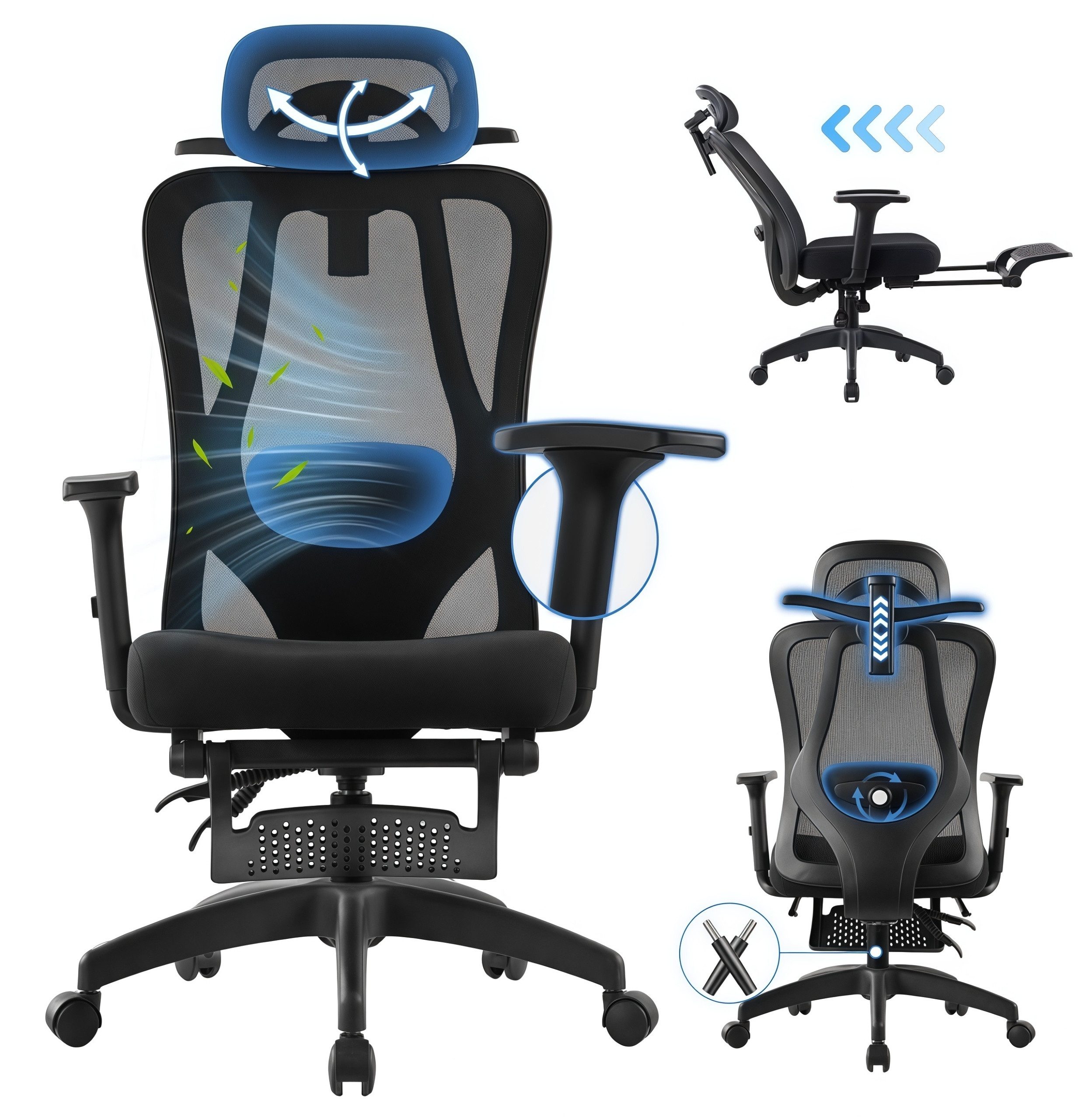 FOXSPORT Bürostuhl, Ergonomischer Schreibtischstuhl (Computerstuhl, Office Chair, Bürostuhl mit Wippfunktion, Chefsessel mit Atmungsaktiver Netzstuhl), Wippfunktion bis 30°, belastbar bis 150 KG, voll verstellbar