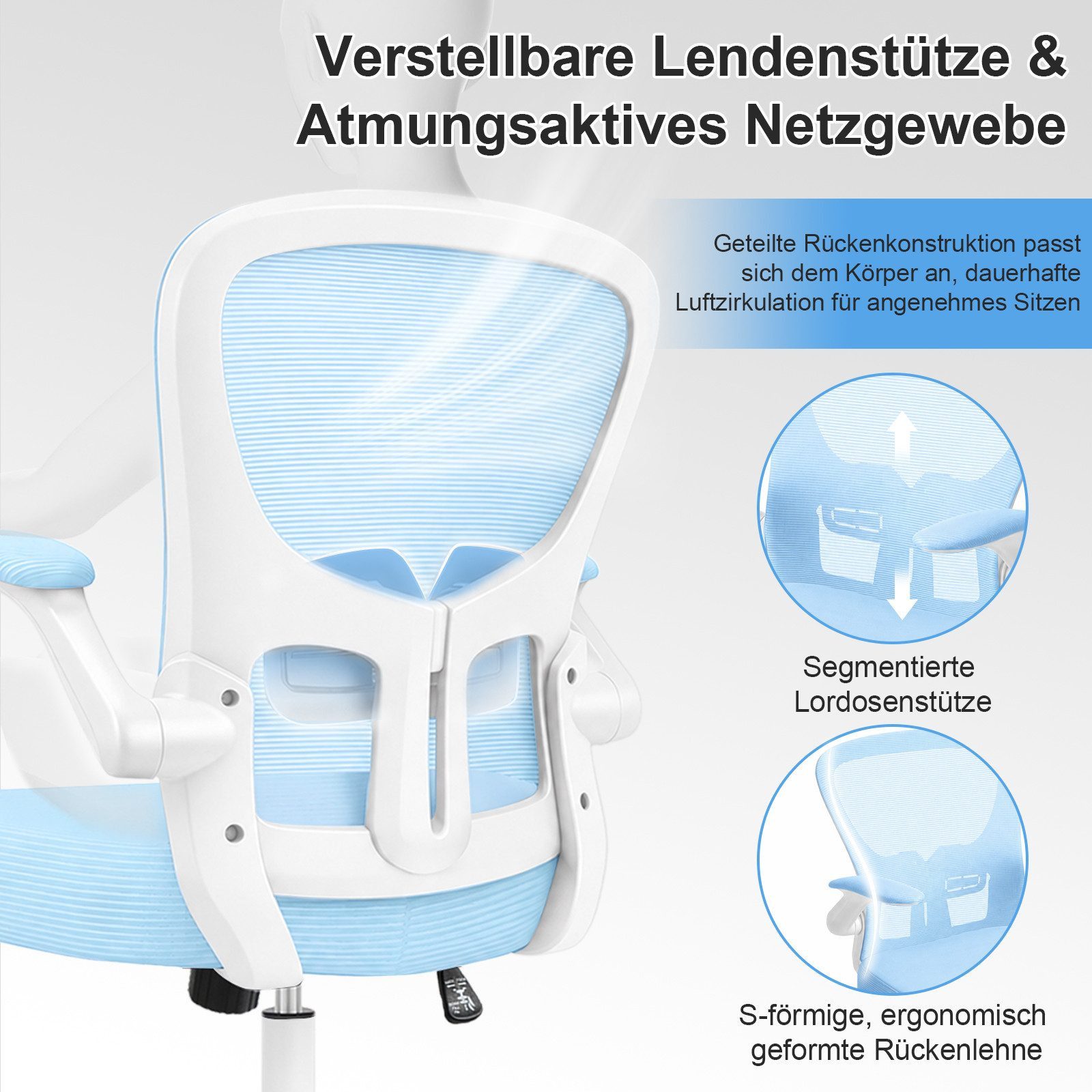 Durrafy Bürostuhl Ergonomischer Bürostuhl,Schreibtischstuhl mit klappbaren Armlehnen, Chefsessel mit 150 kg Tragfähigkeit – Bild 3 von 5