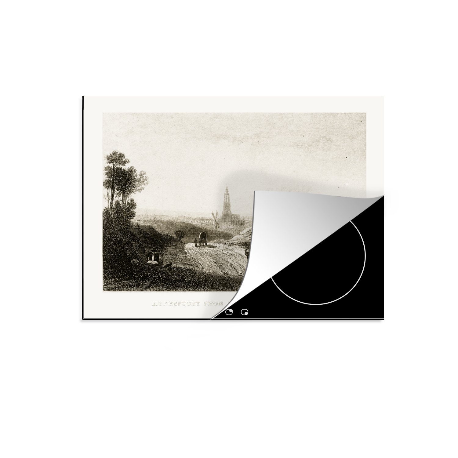 MuchoWow Herdblende-/Abdeckplatte Schwarz-Weiß-Illustration einer Vinyl, Mobile tlg), Arbeitsfläche Ceranfeldabdeckung cm, Straße (1 nutzbar, 70x52 Amersfoort, nach