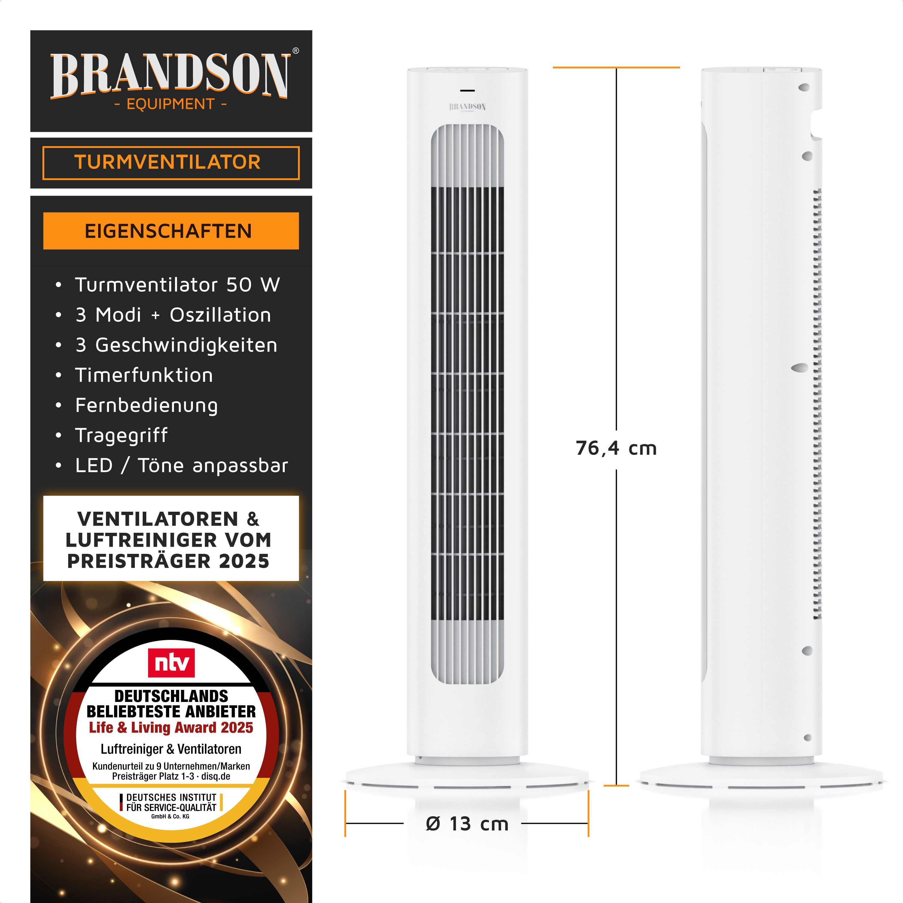 Brandson Turmventilator mit Fernbedienung, sehr leise, Oszillation, 3 Modi, günstig online kaufen
