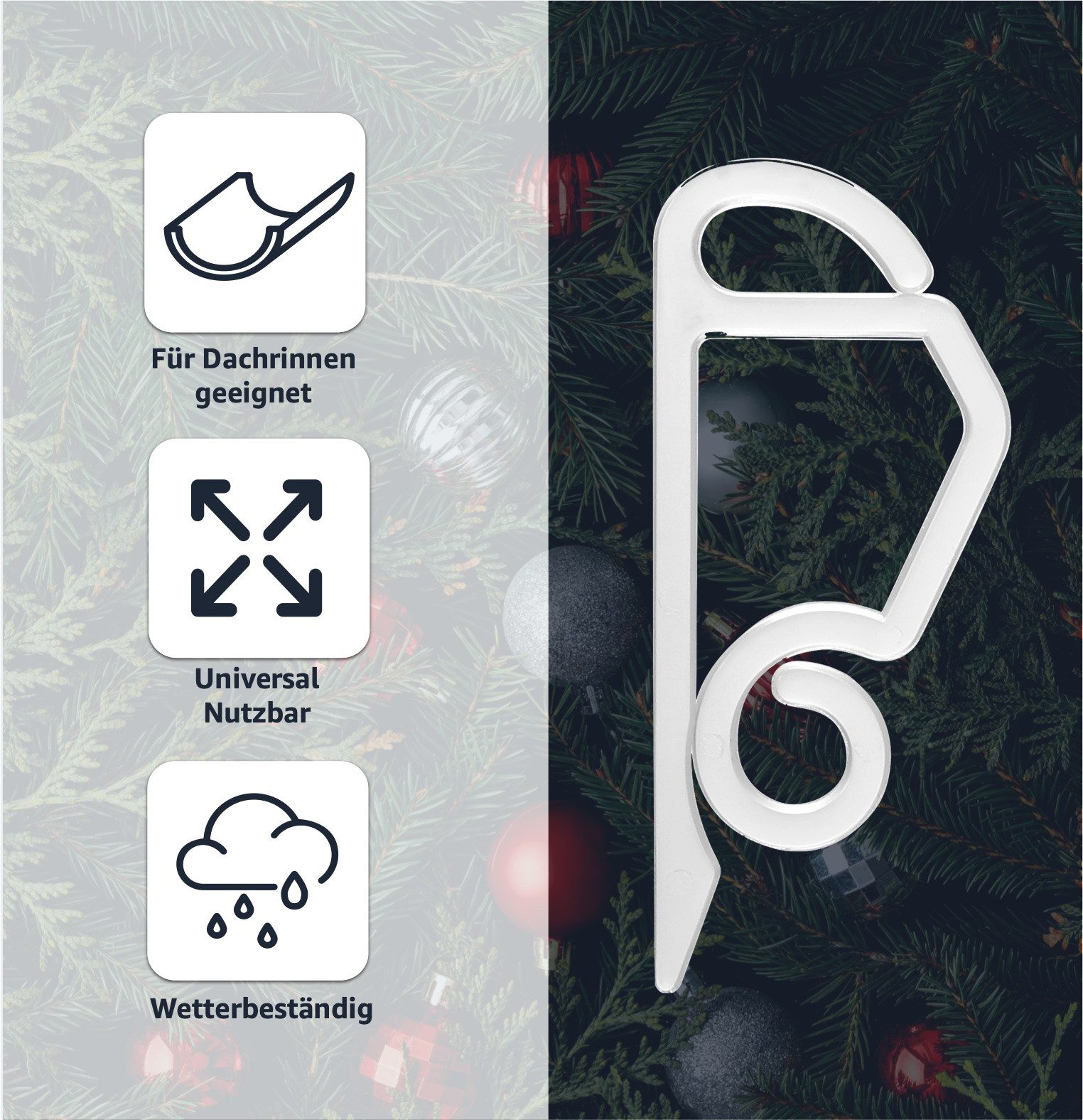 Weihnachtswunder® Dekohaken 50x Lichterketten Haken Halterung Befestigung Dachrinnenhaken Outdoor, (50er Set, 50-St., 50-teilig), flexibler Kunststoff