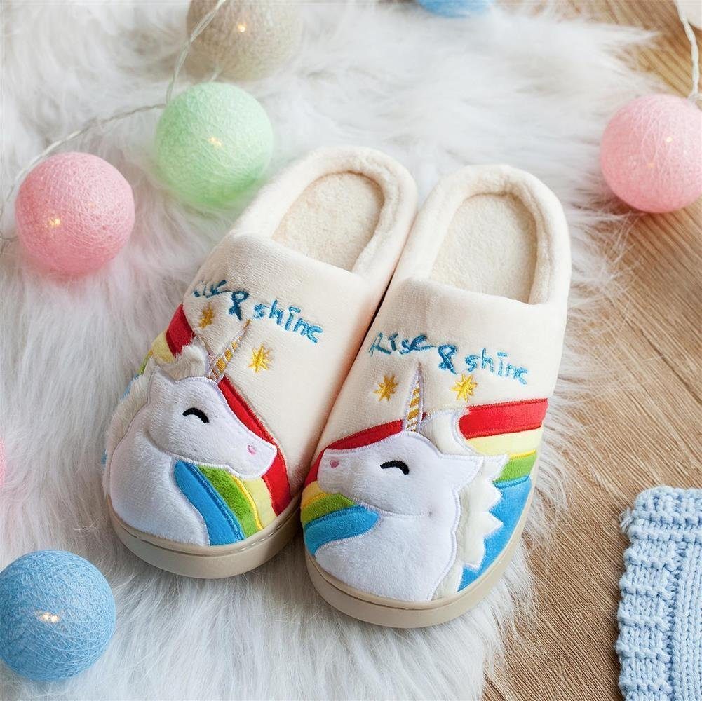 Katara Tier Pantoffeln Gr. 34-41 (Einhorn, Katze, Hase) Plüsch Hausschuhe Hausschuhe, weich, warm, süß, kuschelig, Plüsch Einhorn (Regenbogen)
