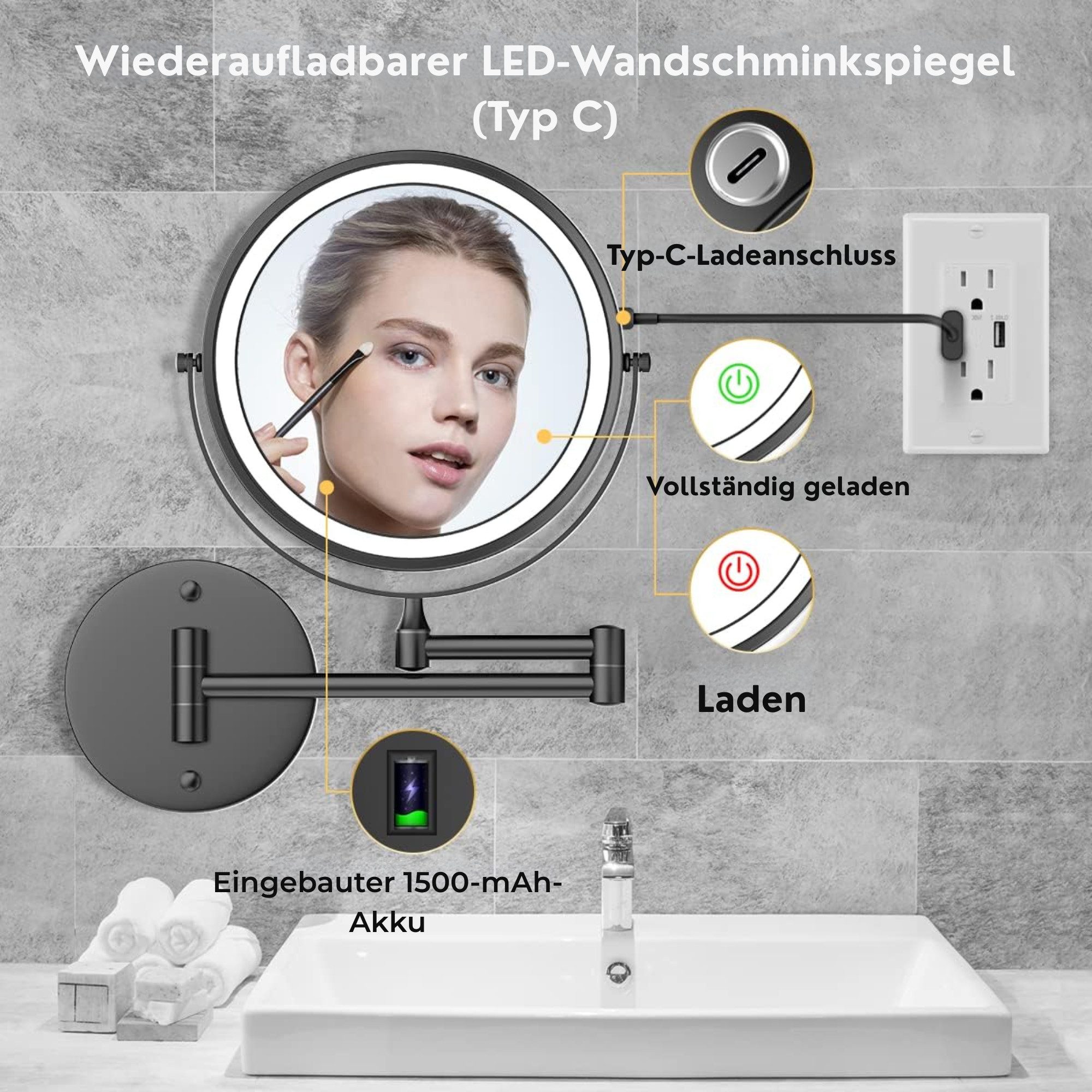 Vivitar Kosmetikspiegel Wiederaufladbarer beleuchteter Badezimmerspiegel, 1 günstig online kaufen