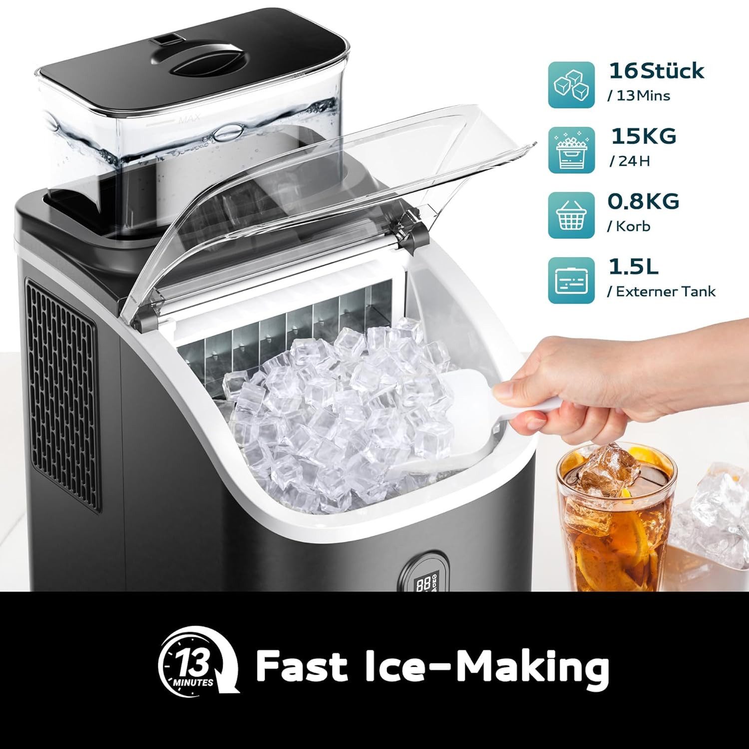 EUHOMY Eiswürfelmaschine Eiswuerfelmaschine 15 kg/24H, Quadratische Eiswürfel, 2L, Eiswuerfeldicke individuell einstellbar mit Timer und Selbstreinigung