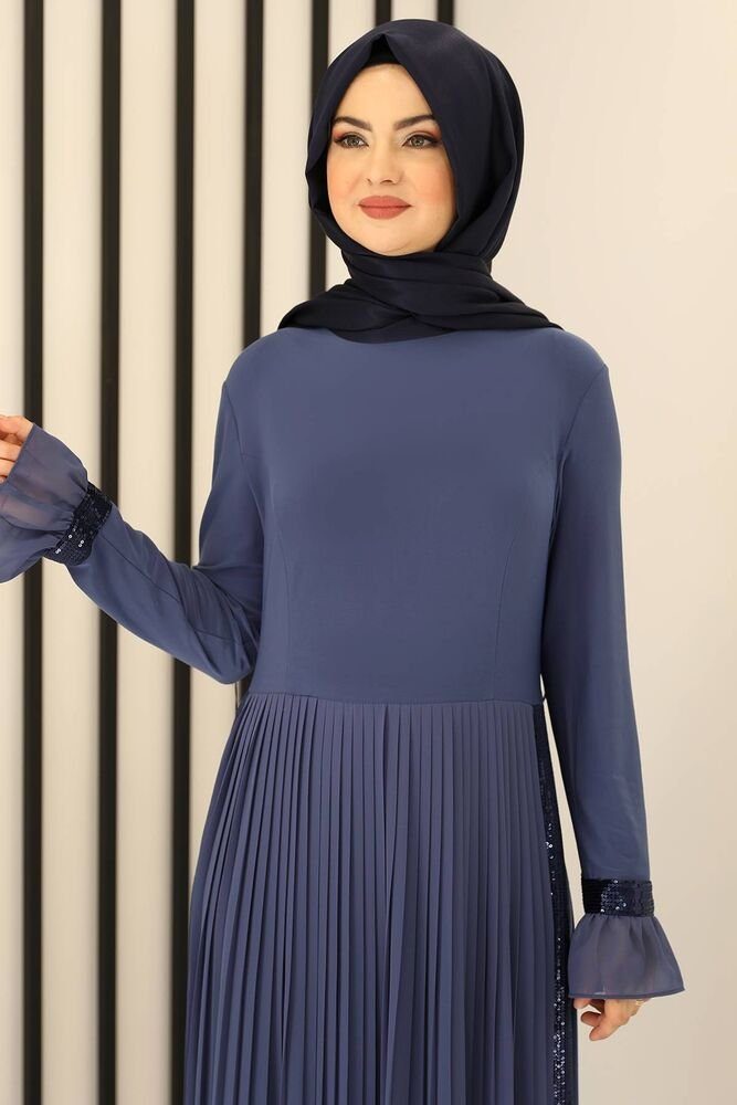 Hijab Faltendetail Maxikleid Fashion Indigo-Blau Damen Modest mit Abendkleid Pailletten Lila Abaya Rock Modavitrini Abiye