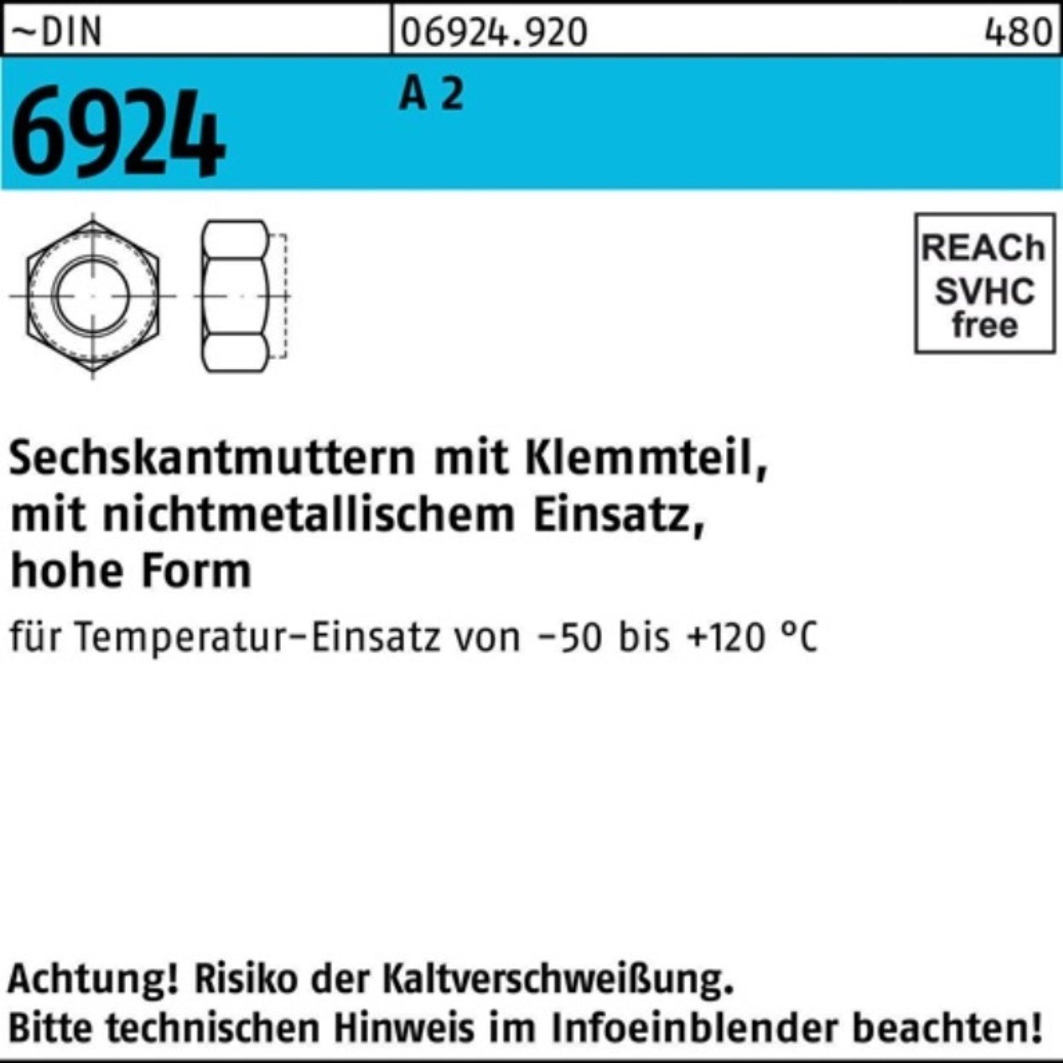 Reyher Muttern 100er Pack Sechskantmutter DIN 6924 Klemmteil M20 A 2 25 Stück ~DIN 6