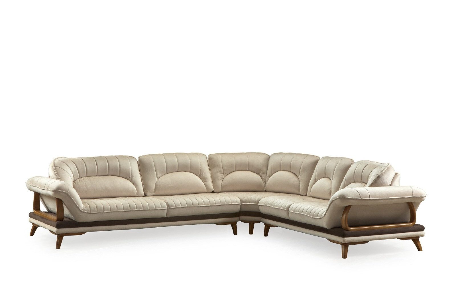 Polsterei Marya Ecksofa Melisa L-form, Hellbeige – Luxuriöse Steppung & Holz-Akzente – Großzügig & Freistehend, 6-Sitzer Wohnlandschaft aus Stoff inklusive