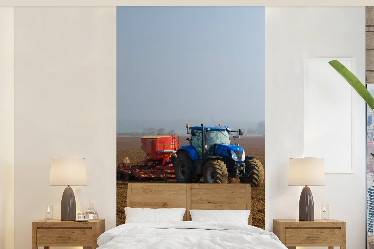 MuchoWow Fototapete Traktor - Blau - Nebel, Matt, bedruckt, (2 St), Vliestapete für Wohnzimmer Schlafzimmer Küche, Fototapete