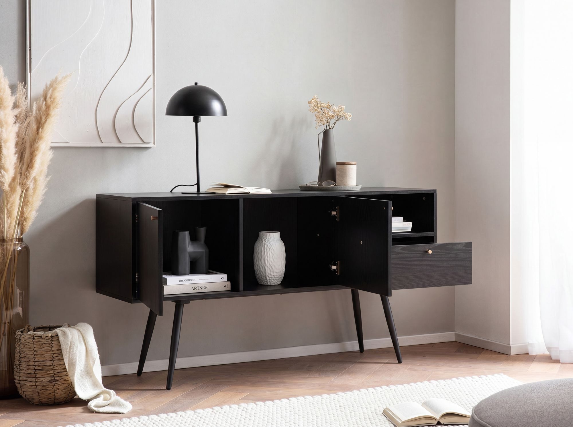 FINEBUY Sideboard FB100035 (Eiche-Dekor Schwarz, 140x75x40 cm Anrichte), Hoher Kommodenschrank, Kommode 2 Türen