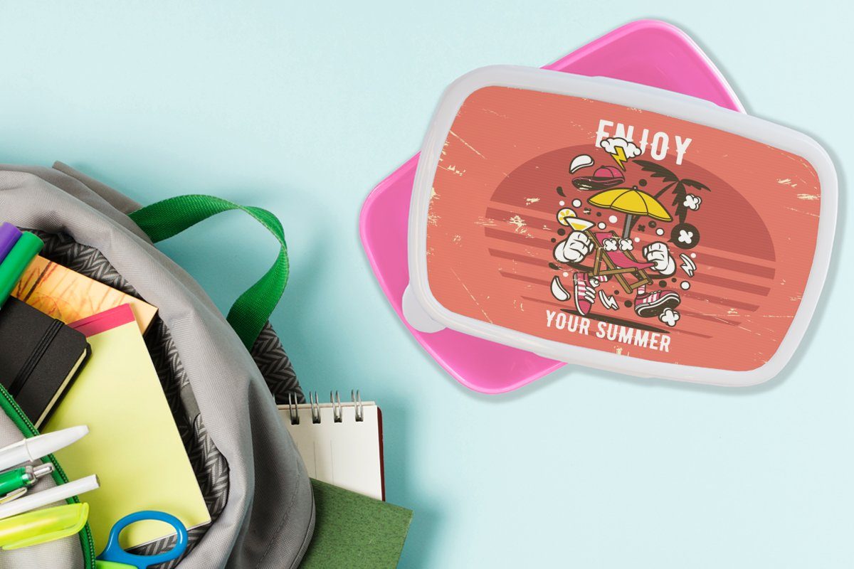 Lunchbox - Kunststoff, rosa Mädchen, (2-tlg), MuchoWow Kunststoff Vintage, Brotbox Snackbox, - für Kinder, Brotdose Erwachsene, Sommer Sonnenschirm