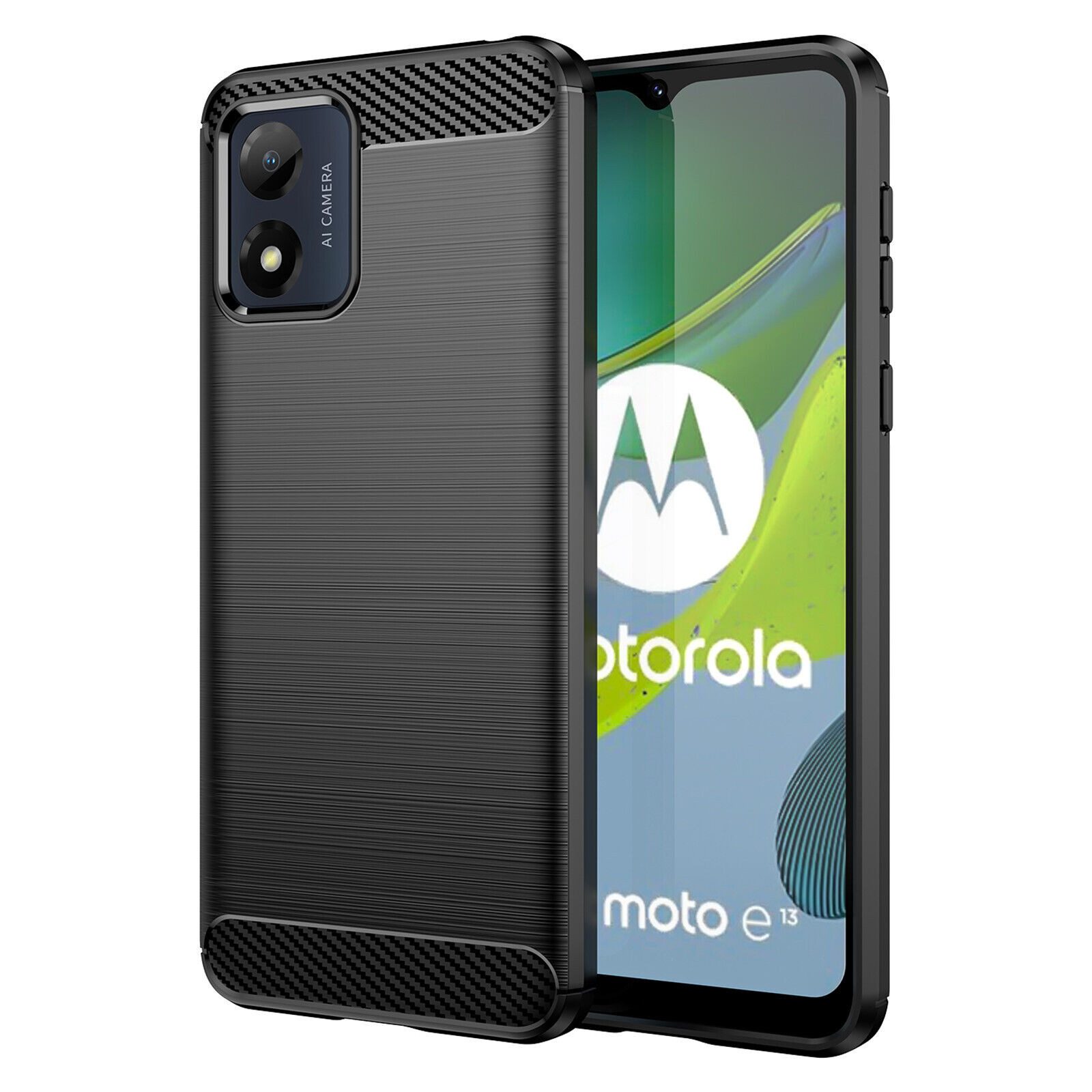 betterfon Handyhülle Carbon Hülle für Motorola Moto E13 Backcover TPU Silikon Schwarz, Carbon-Look – stoßfestes Case mit Air-Cushion & Metall-Optik