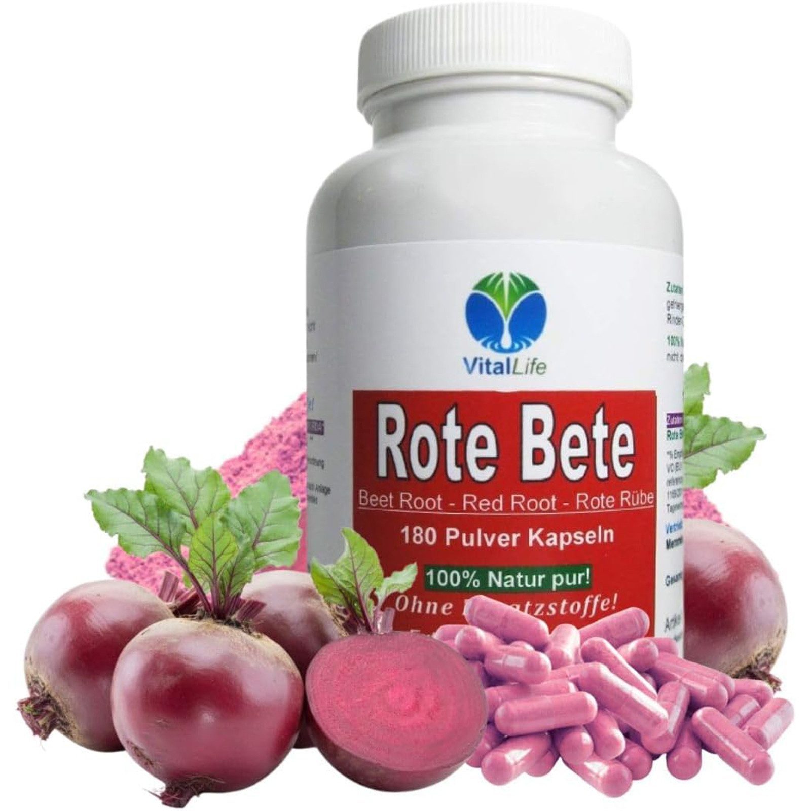 VitalLife Rote Beete rote Bete reines Wurzel-Pulver. NATUR Pur OHNE Zusatzstoffe Kapseln, 1 er Dose à 180 St., 105 g, Art. 26316-180
