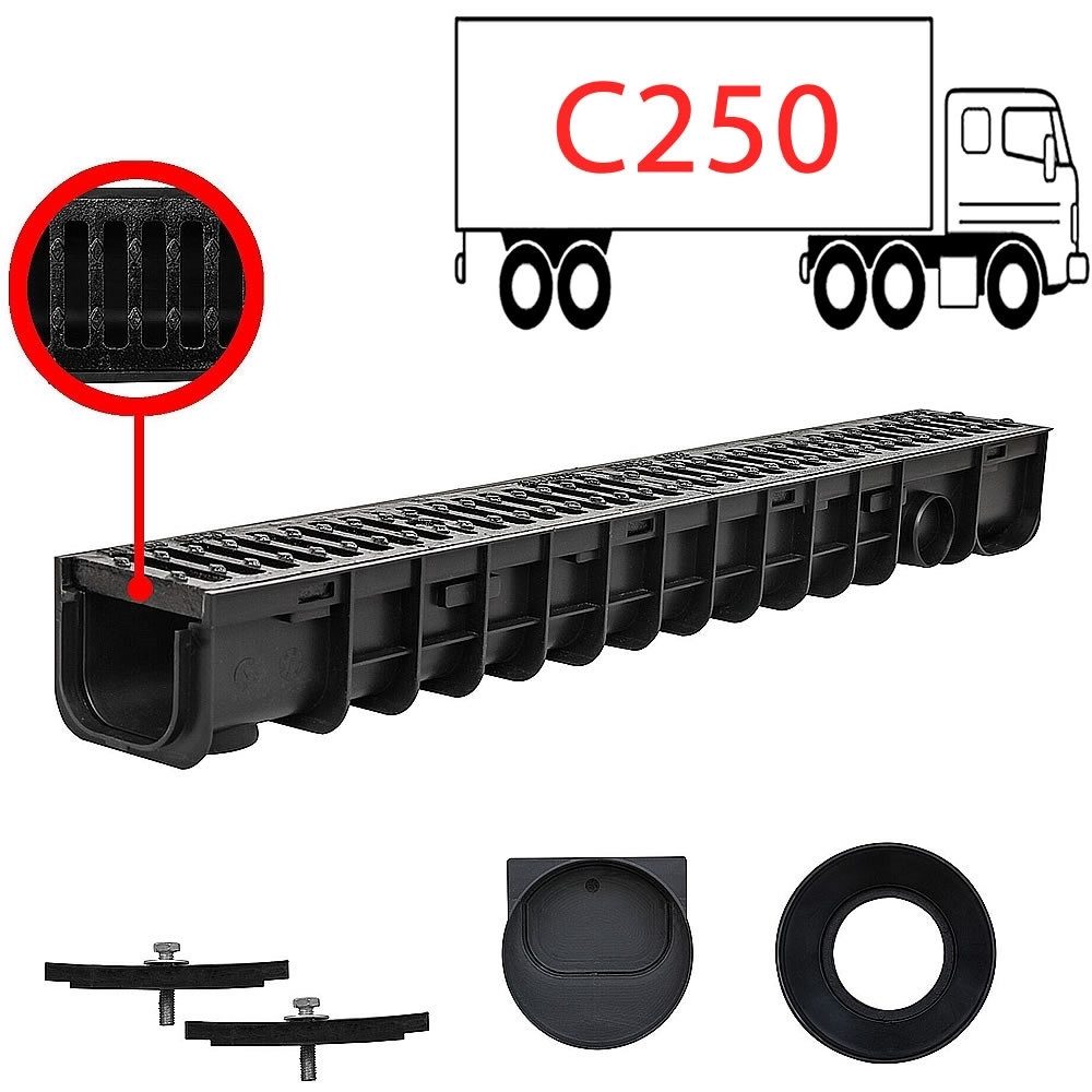 Melko Regenrinne Entwässerungsrinne C 250 aus Gußrost Stegrost Schwarz Kunststoff,keine, Stück, 1-St., Einzelartikel, Diebstahlschutz