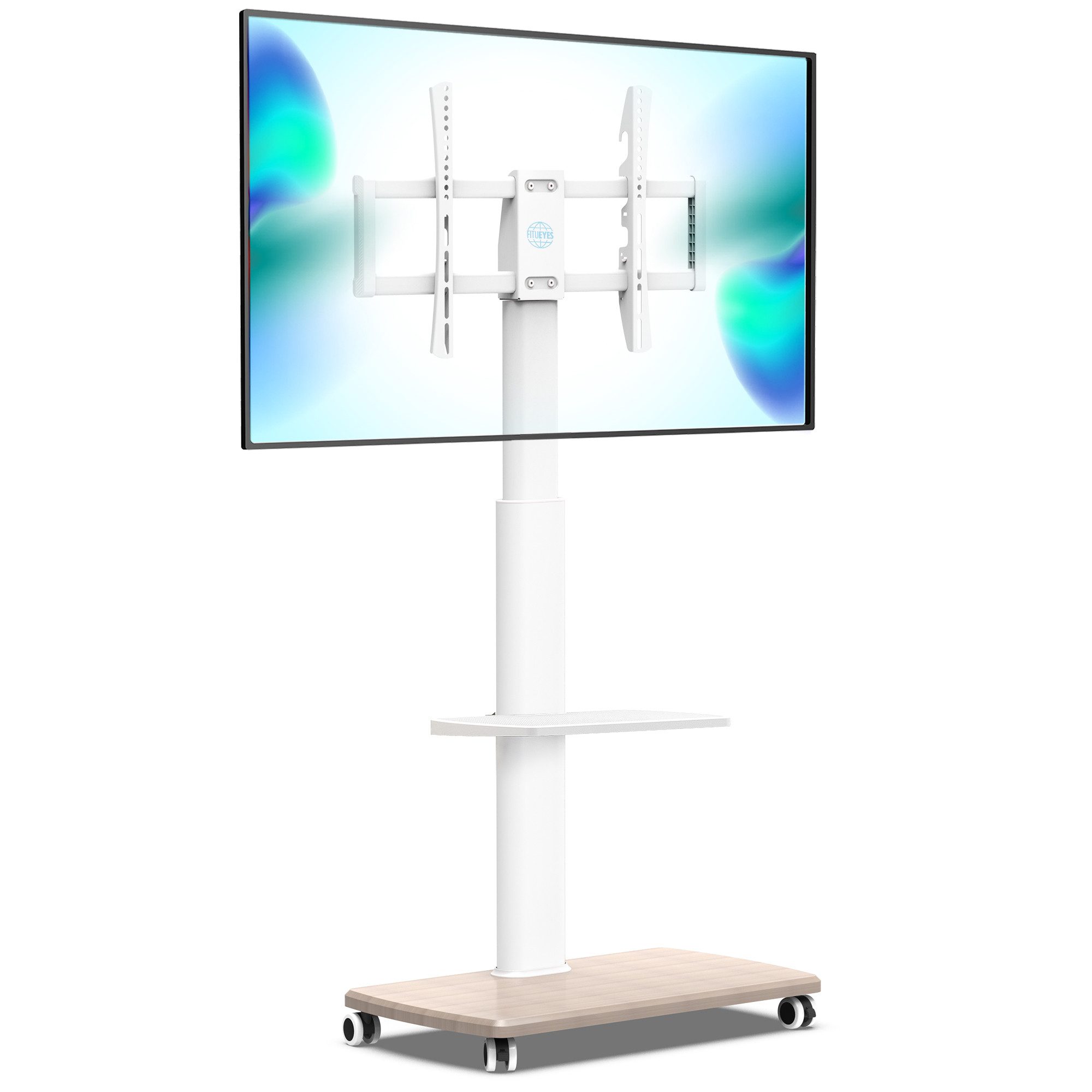 FITUEYES TV-Ständer mit Rollen, Ablage, ±30° schwenkbar, 32-70 Zoll, (bis 70,00 Zoll, höhenverstellbar, Holz-Bodenplatte)