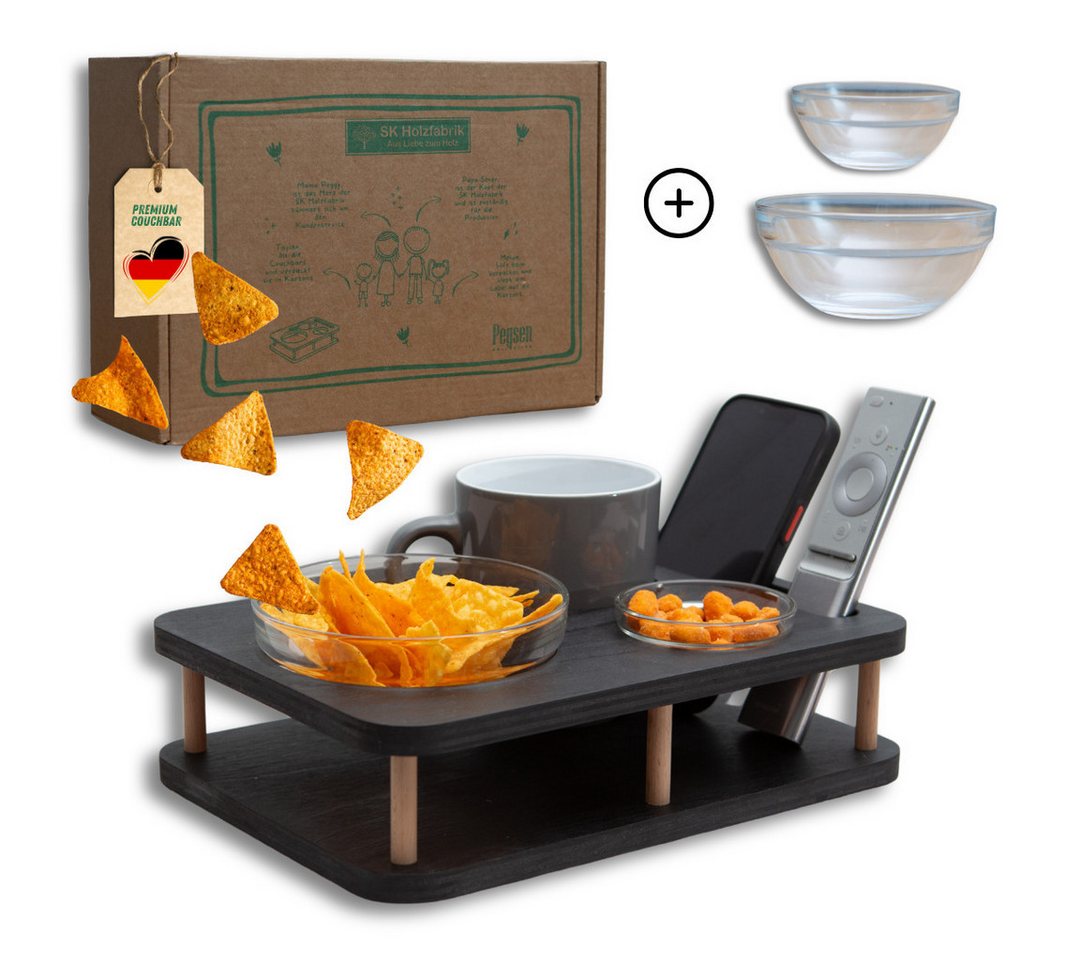 PEGSEN Servierplatte Couchbar Sofa Tablett YOLO mit 2 Snackschalen, Birkenholz, (Set, 3-tlg., mit lebensmittelechten Glasschalen), passend für Kaffeetassen, 0,5L Flaschen und Weingläser, geöltes Finish