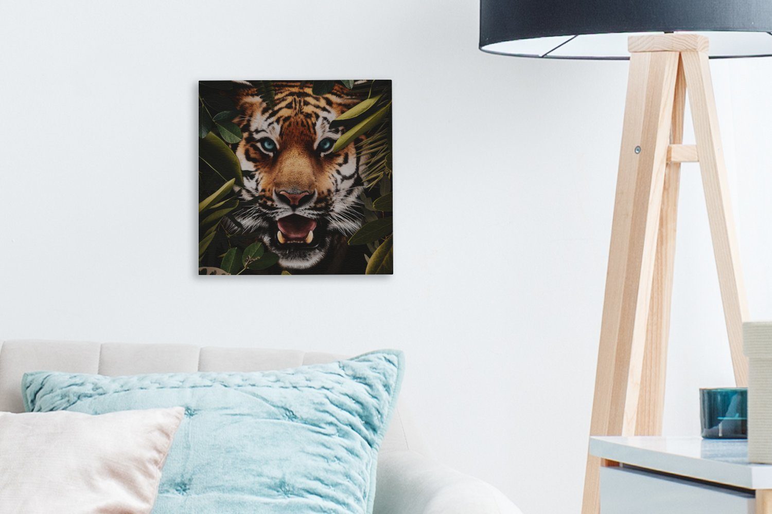 Schlafzimmer (1 St), OneMillionCanvasses® Bilder Wohnzimmer - - für Leinwand Leinwandbild Tiger Dschungel Blätter,