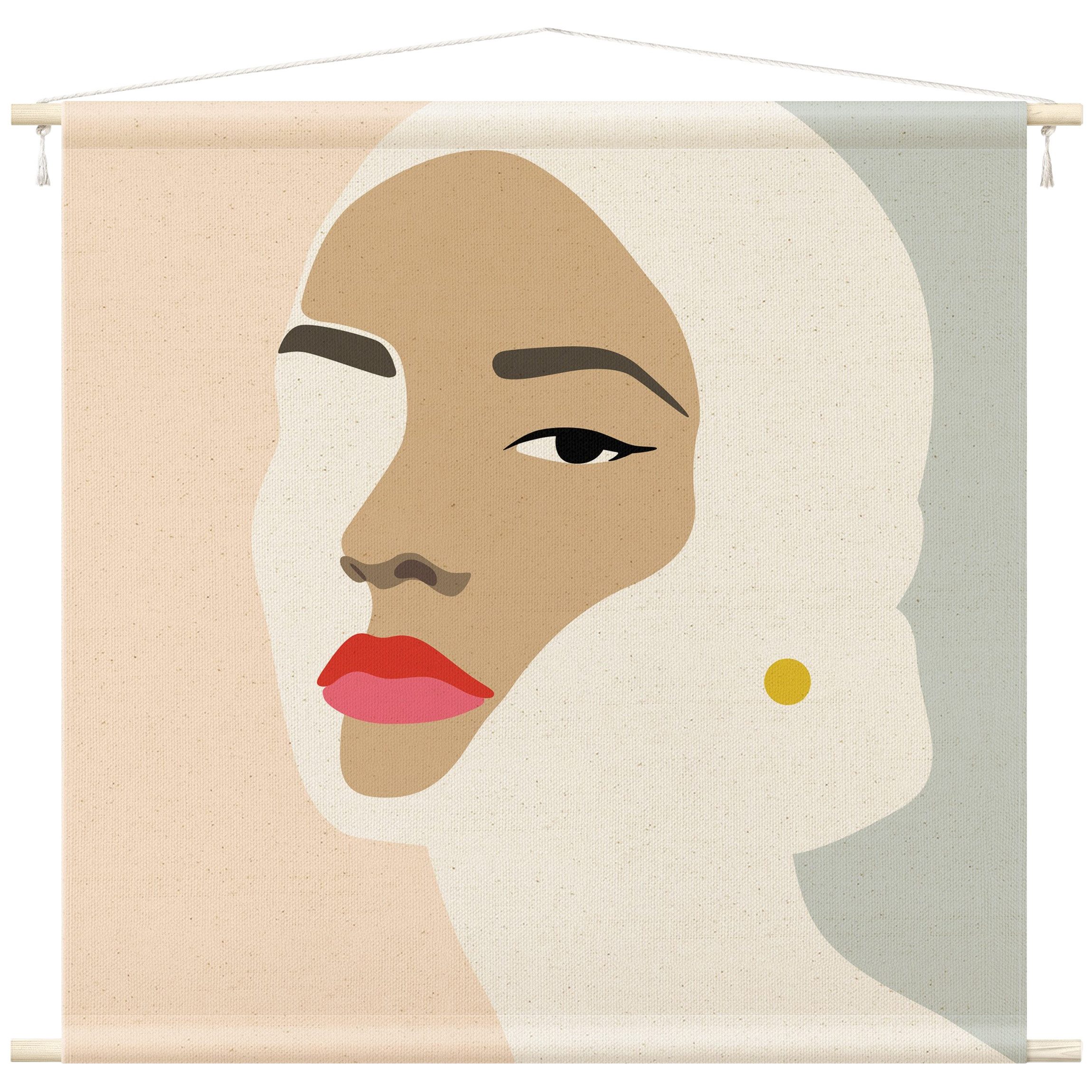 Bilderdepot24 Wandteppich modern Abstrakt Line Art Portrait Frau Pastell Grau beige, quadratisch, Höhe: 2.6 mm, großes Wandbild aus Natur-Baumwolle Wandbehang Stoffbild Tuch Wollseil