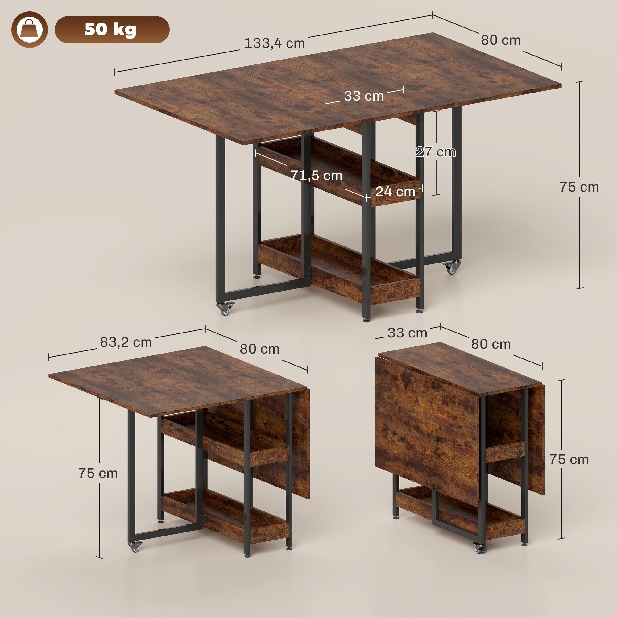 HOMCOM Klapptisch Esstisch Klappbar für 2-4 Personen mit 2 Offenen Ablagen (Küchentisch, 1-St., Mobiler Esszimmertisch), für Kleine Räume, Esszimmer, Küche 133,4 x 80 x 74 cm Rustikal-Braun