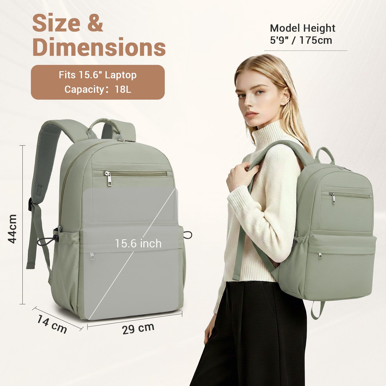 KONO Schulrucksack Laptop-Rucksack 15,6 Zoll, 18L, 44×29×14cm, leicht für Schule