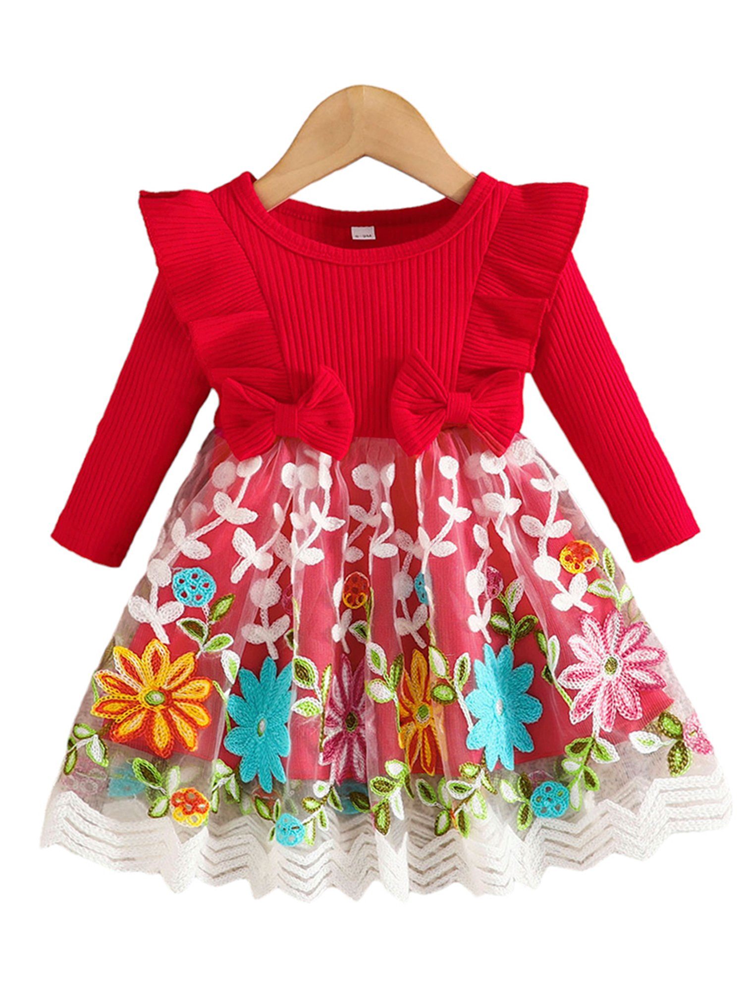 LAPA A-Linien-Kleid Baby Partykleid für Mädchen, langärmliges Strickkleid mit Tüll (1-tlg) Kinder Modisches Kleid mit gesticktem Blumenmuster