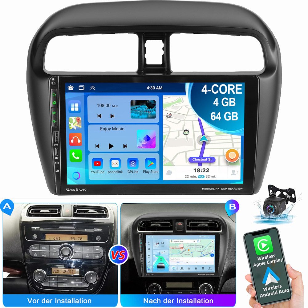 ESSGOO 9" Autoradio Für Mitsubishi Mirage Space Star Navi Carplay Autoradio (RDS, Digitalradio (DAB), FM, AM)