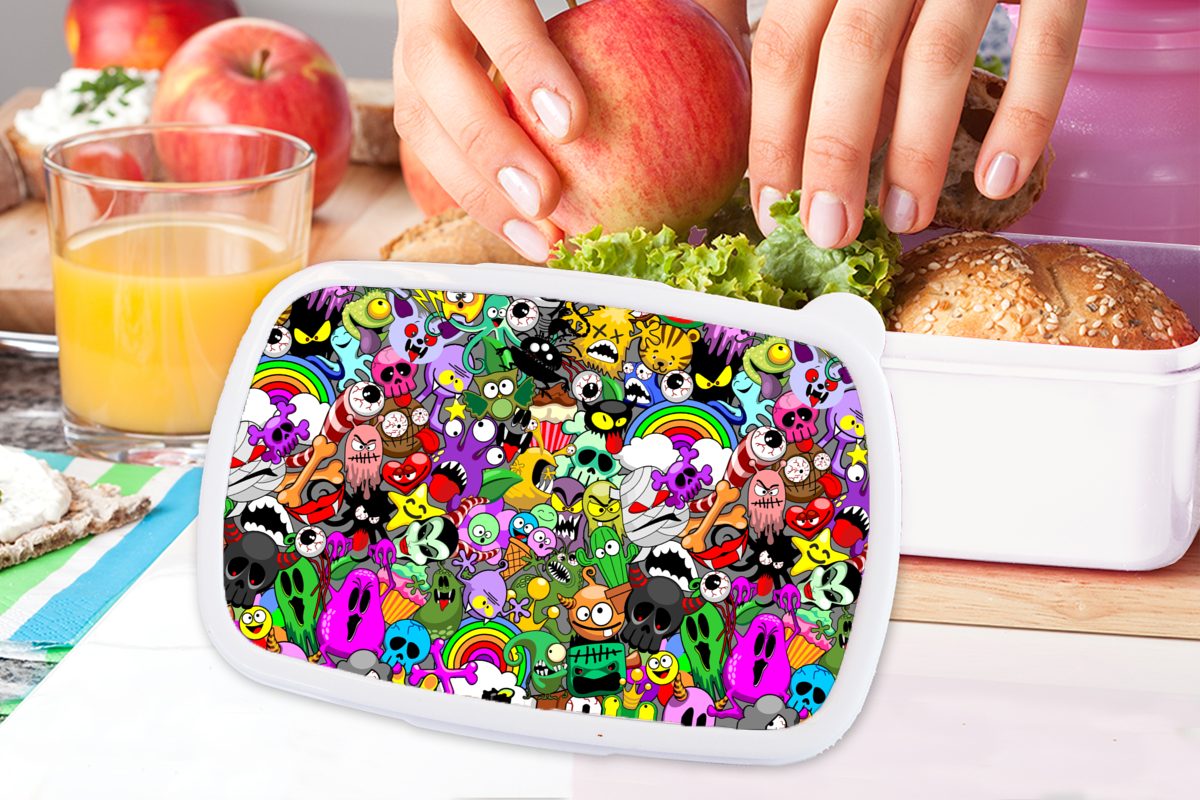 Brotbox (2-tlg), - Muster, weiß Teenager Lunchbox für Jungs Kunststoff, und - MuchoWow Erwachsene, - für und Monster Kritzeln Mädchen Kinder Brotdose,