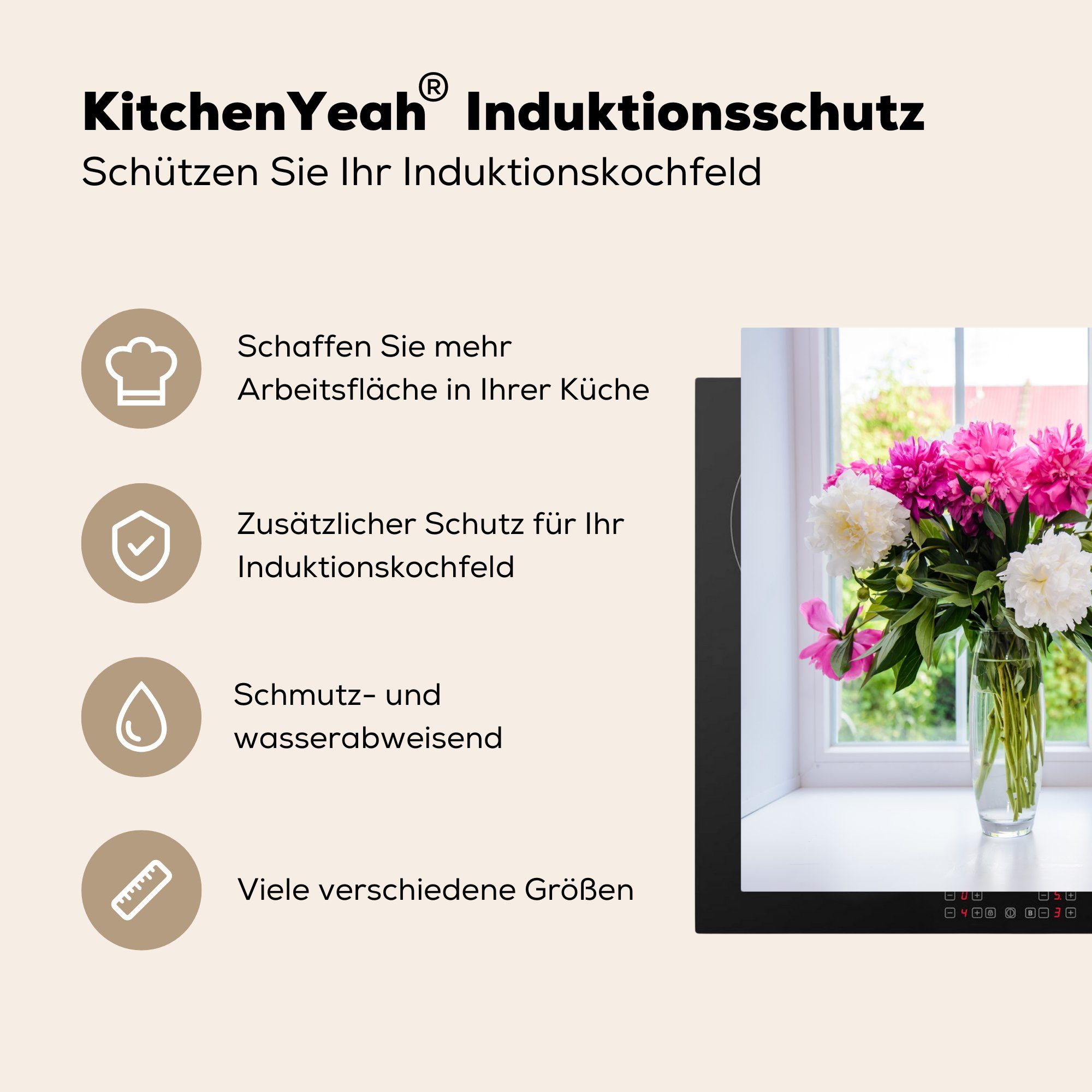 MuchoWow Herdblende-/Abdeckplatte Blumen (1 Pfingstrosen Ceranfeldabdeckung tlg), - Induktionsmatte küche, - für Vase, cm, Vinyl, die 59x52