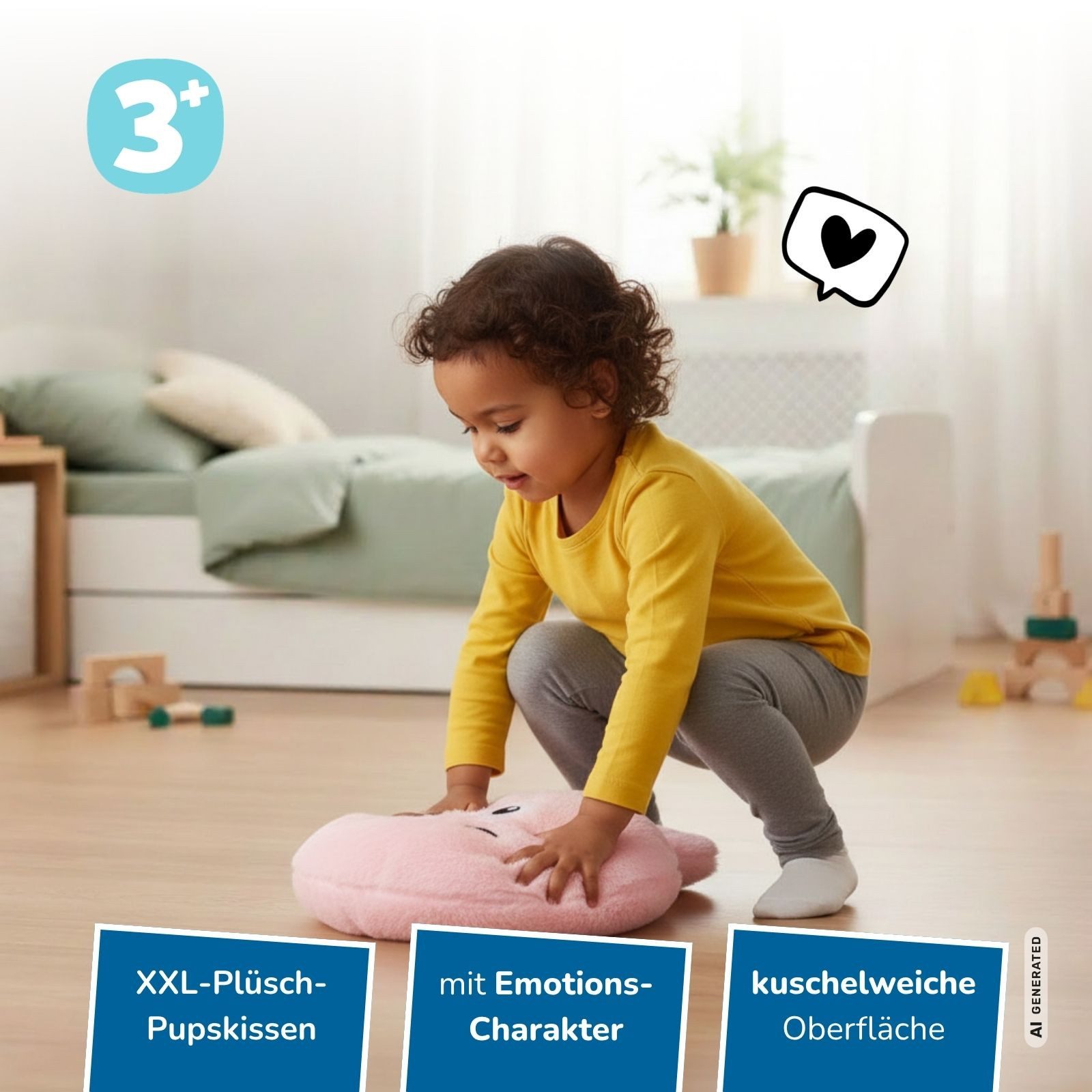 alldoro Kuscheltier XXL Plüsch-Furzkissen Snuggy, großes Pupskissen in Rosa mit Pups-Sound, mit Gesicht, animiert zum Lachen & Reden über Gefühle, für Kinder ab 3
