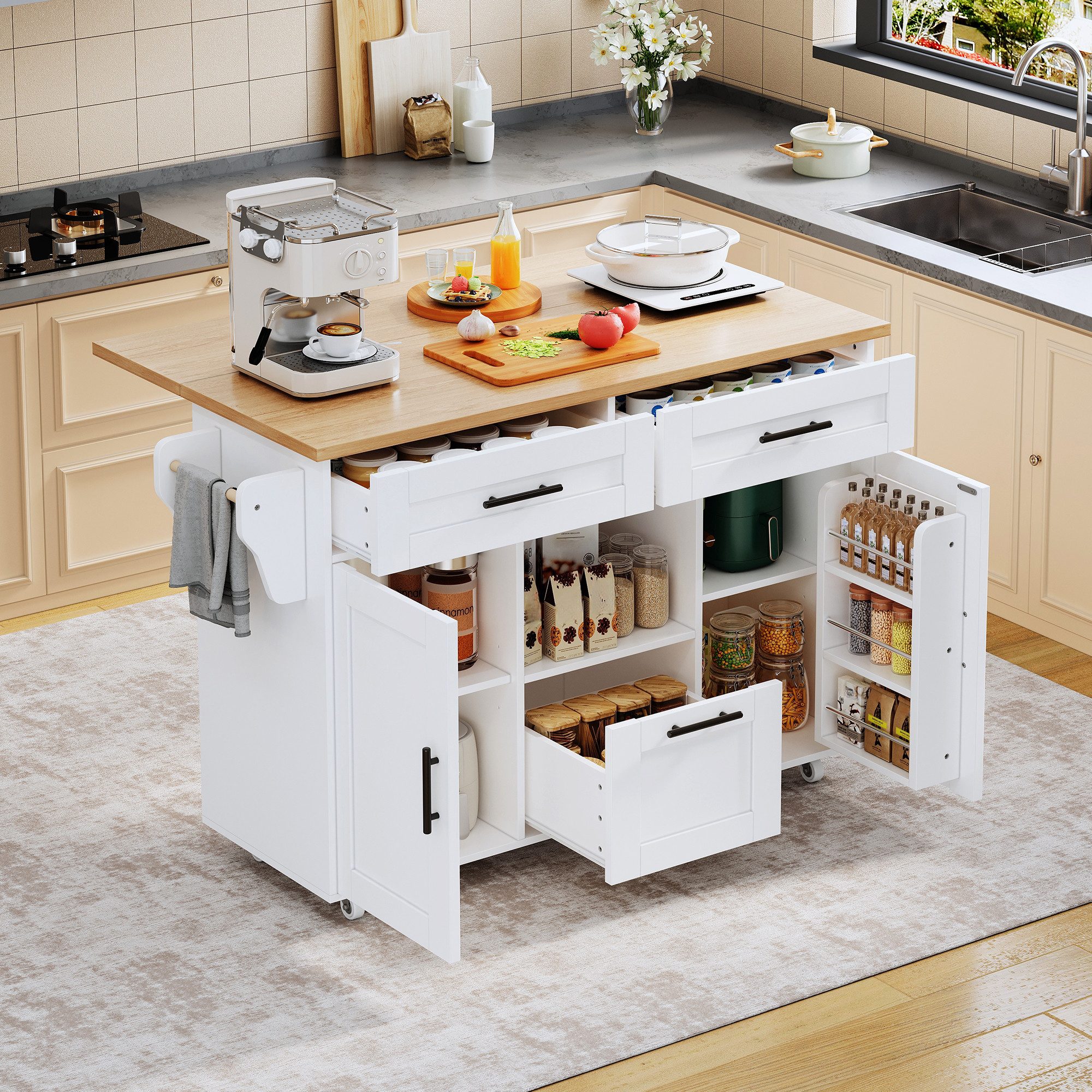 Odikalo Kücheninsel Küchenwagen Servierwagen mit Arbeitsplatte, (mit 360° Universalrädern, Aufbewahrungsregal mit Schubladen & Handtuchstange, Klappbares Tablett & Geräuschloser Federverschluss, Flexibles Aufbewahrungsdesign)