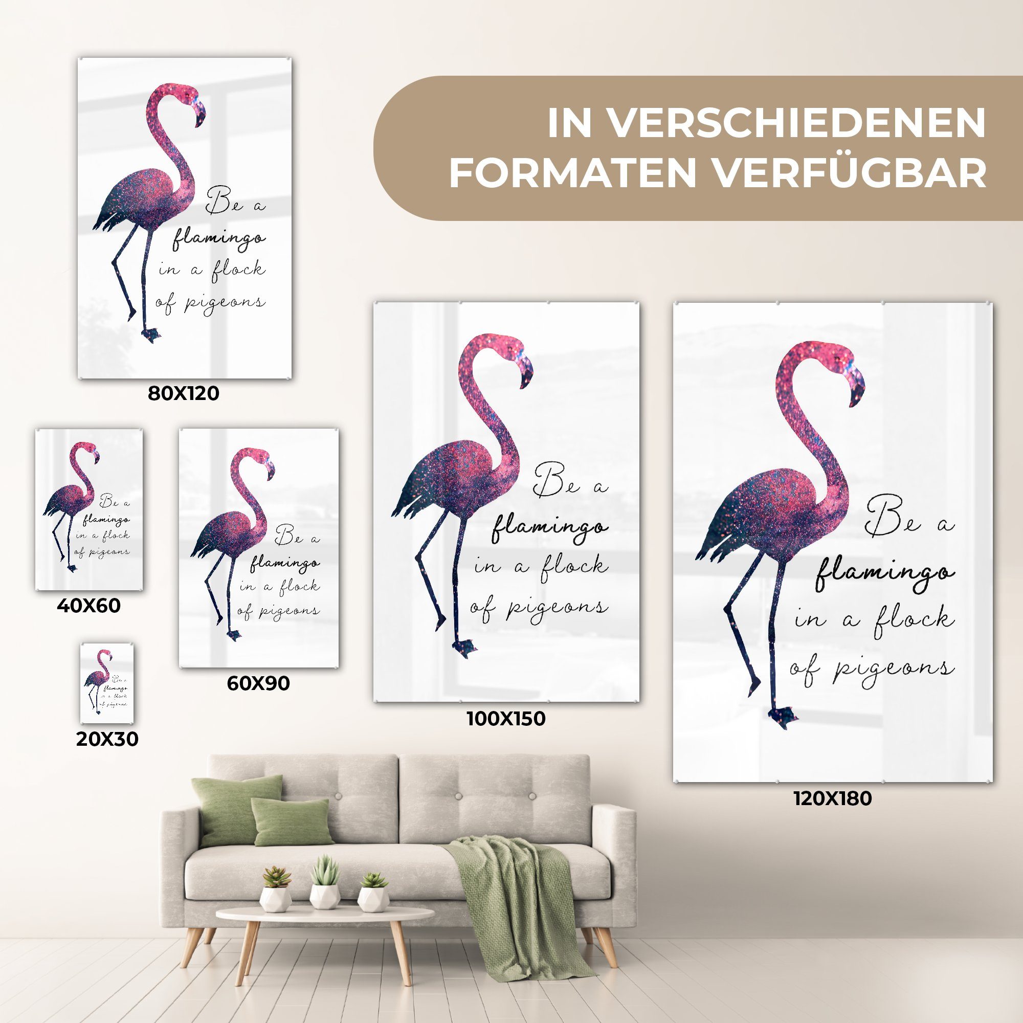 MuchoWow Acrylglasbild - Glasbilder Flamingo - Foto - Rosa, Glas - (1 auf St), Glitzer - bunt Bilder Wanddekoration Wandbild auf Glas